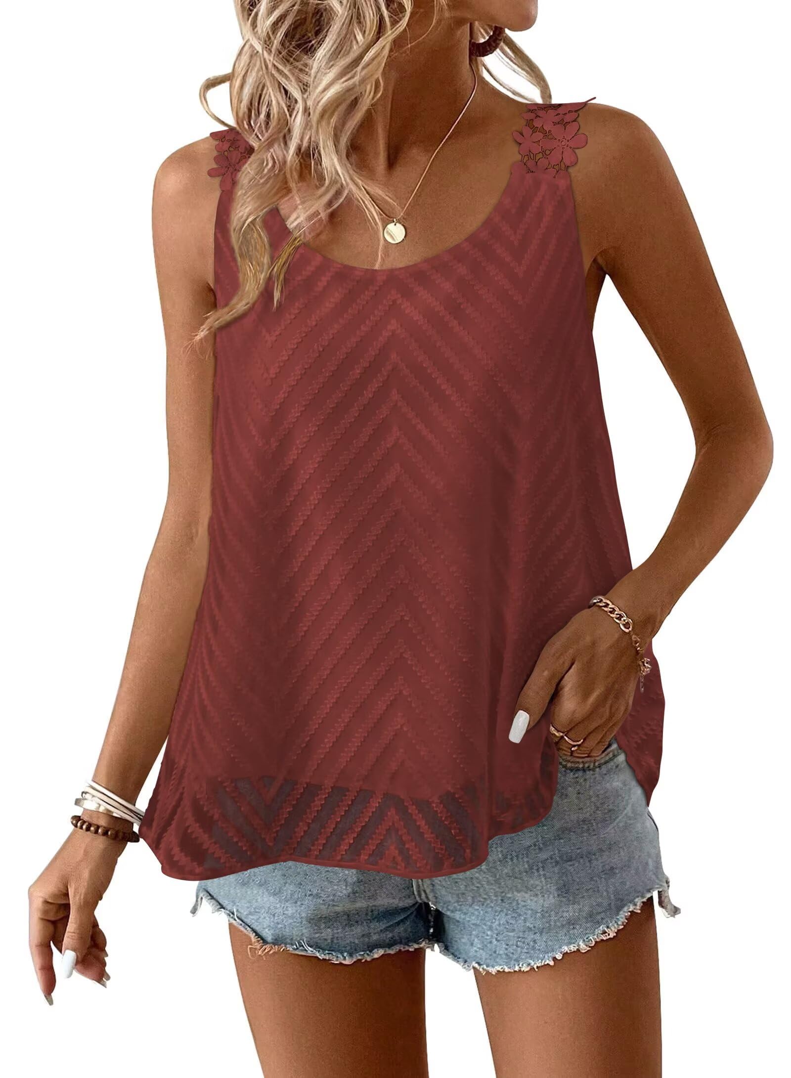 Falechay Womens Tank Tops Flowy Sleeveless Summer Boho Tank Top for Women Crewneck Spaghetti Strap Lace Camisole Shirts