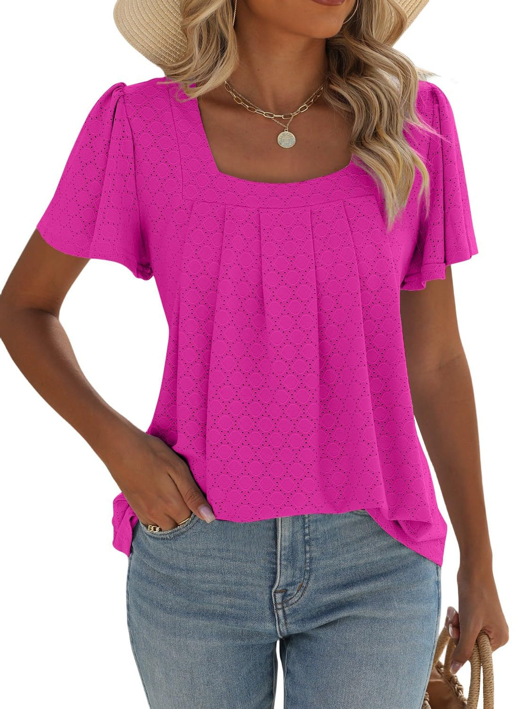 isermeo Summer Tops for Women Pleated Square Neck Ruffle Sleeve Shirts Casual Loose Flowy Curved Hem Tunic S-XXL