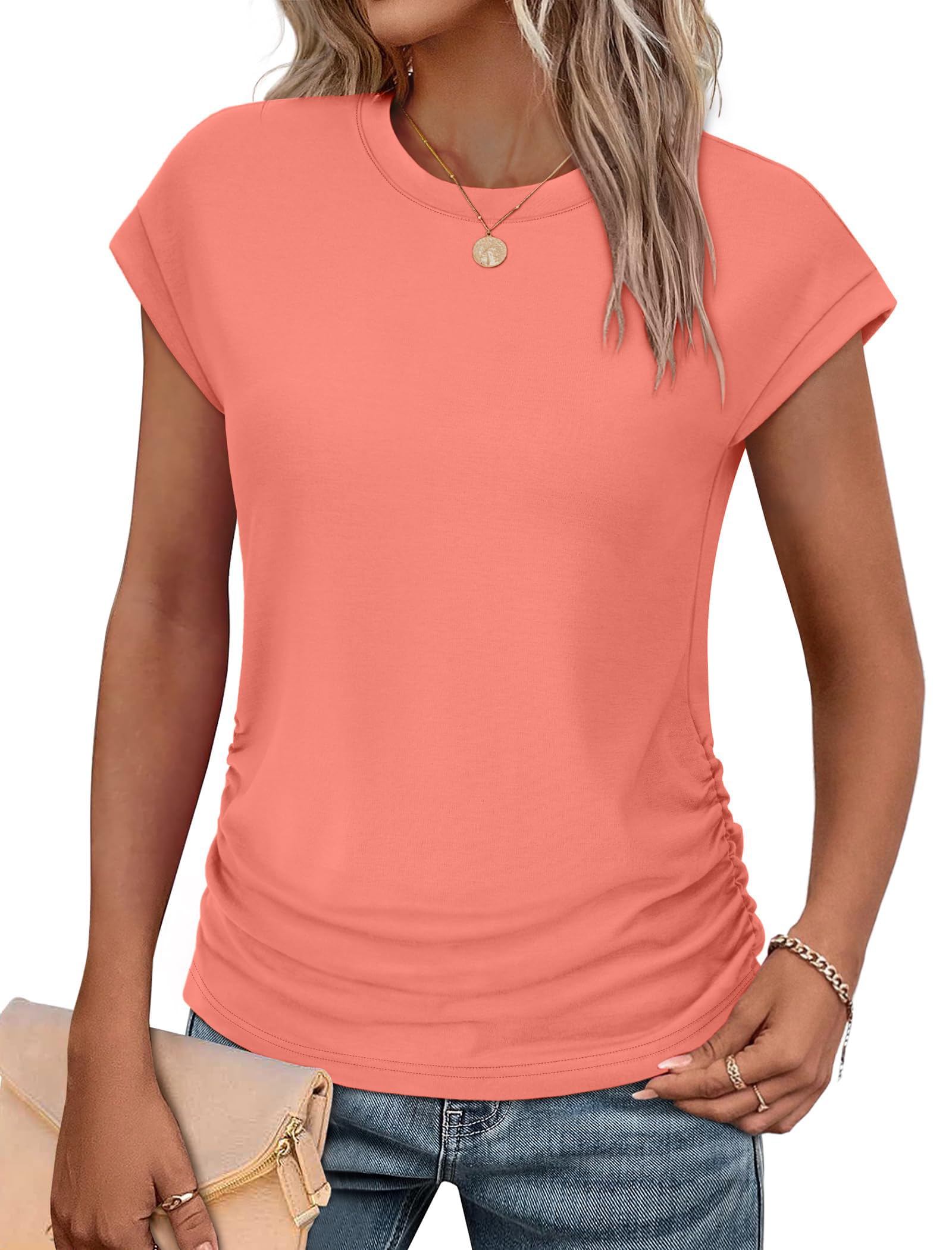 isermeo Womens Summer Tops Trendy 2026 Ruched Side Cap Short Sleeve Tshirts Crew Neck T Shirts Fashion S-XXL