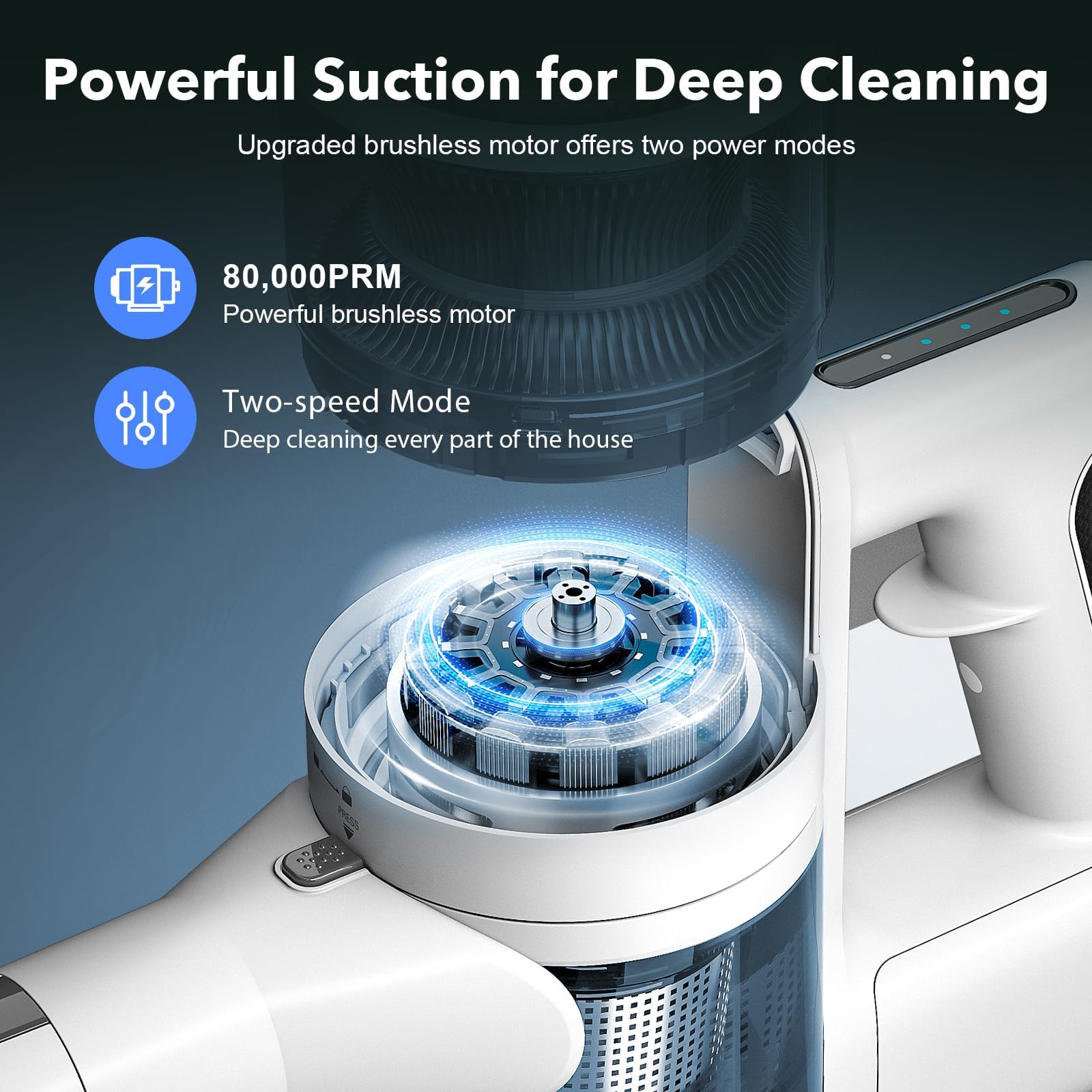 4 in 1 Cordless Vacuum for Home, 80,000PRM Powerful Motor Vacuum Cleaner with 2 Adjustable Modes, Max 40 Mins Runtime Rechargeable Battery and Washable Parts Stick Vacuum (Zinc White)