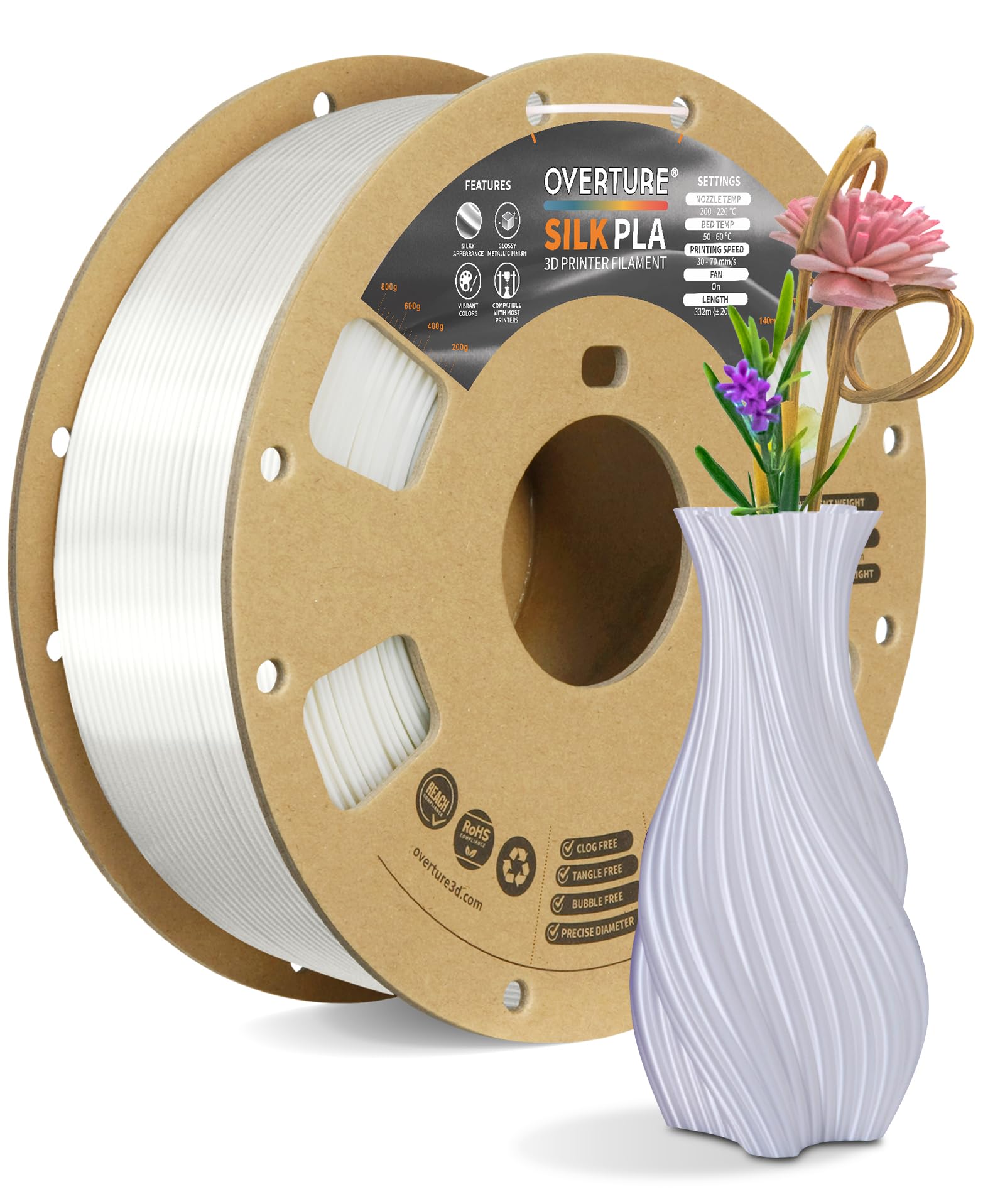 Bobine de filament PLA Silk Overture blanc satiné et petit vase imprimé assorti.