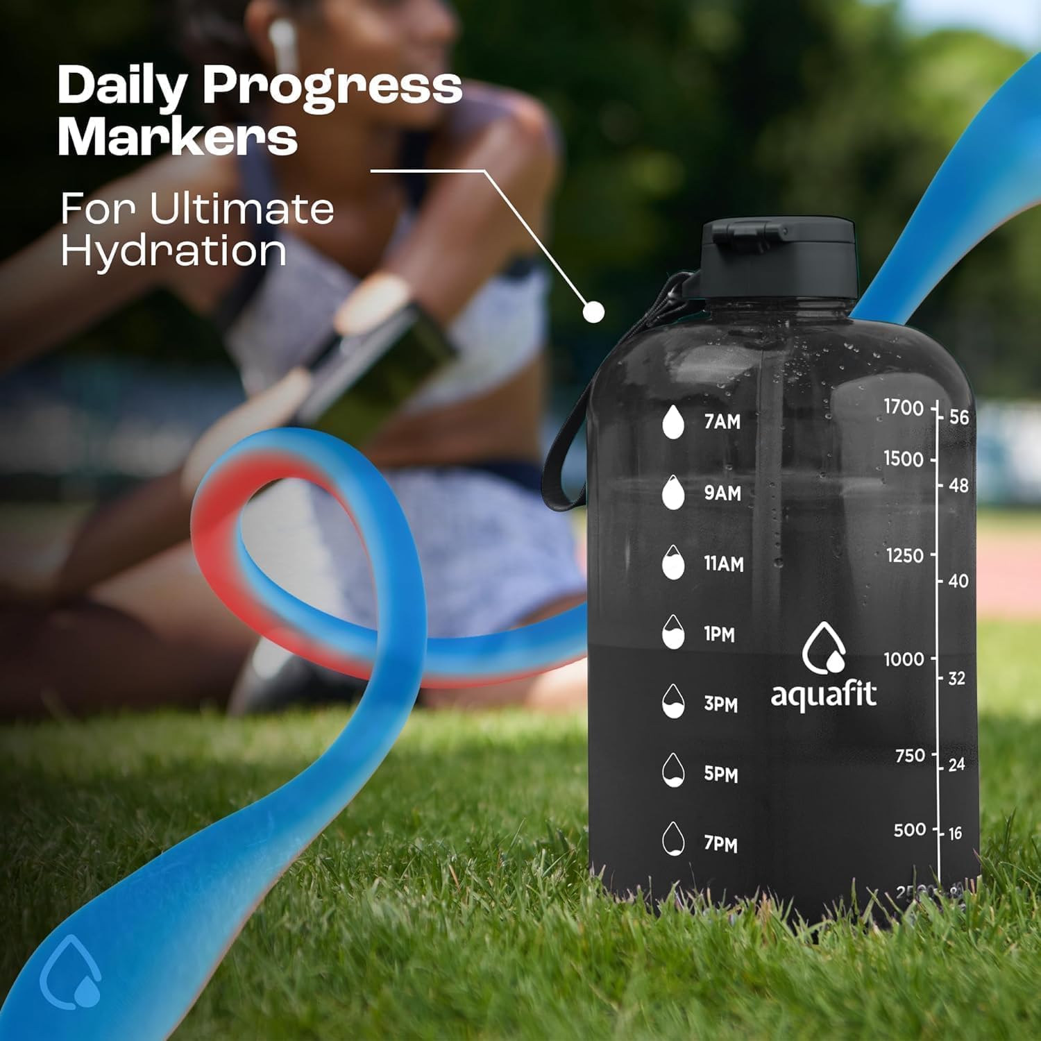 AQUAFIT 2l Water Bottle with Straw - Half Gallon Water Bottle - Motivational Gym Water Bottles 2l - 2 Liter Water Bottle Time Marker - Half Gallon Water Jug 64 oz - Large Water Bottle Gray