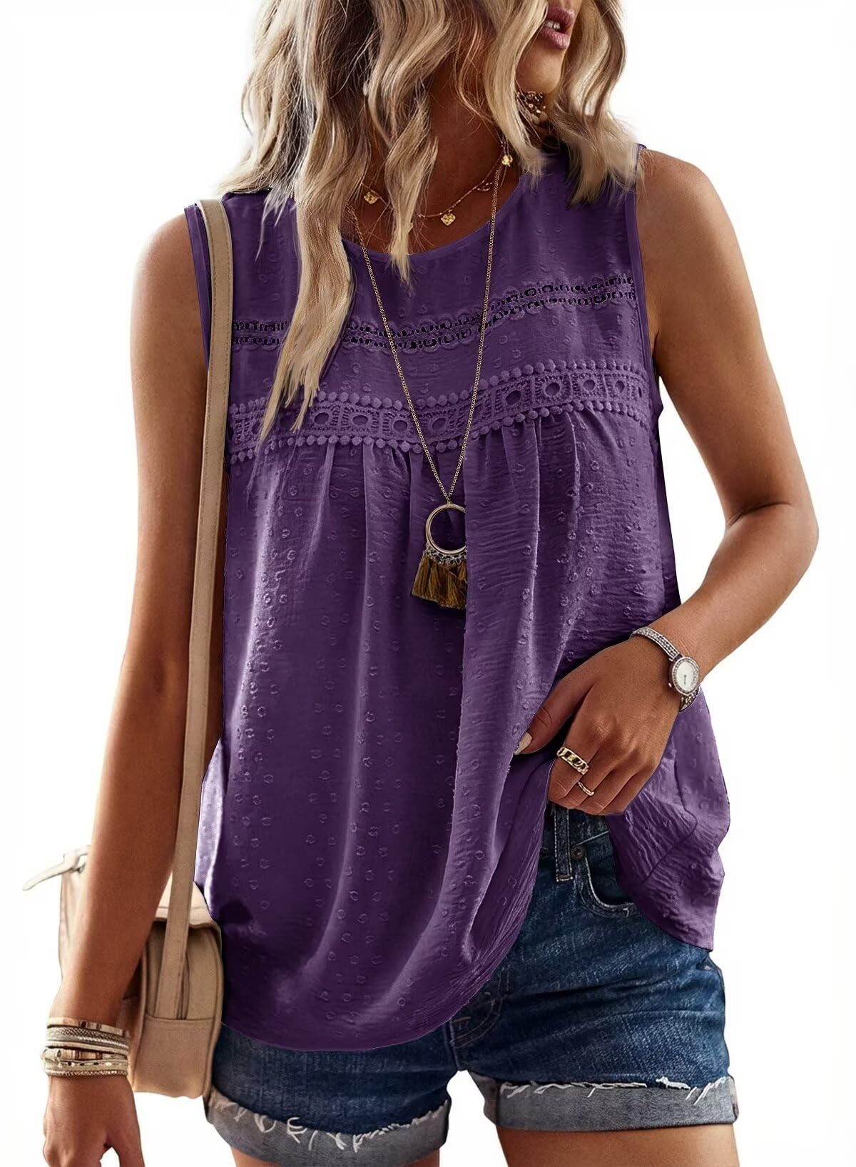 Falechay Womens Summer Tops Boho Shirts Crewneck Sleeveless Tank Tops Flowy Lace Hem Casual Blouses Clothing Trendy 2026