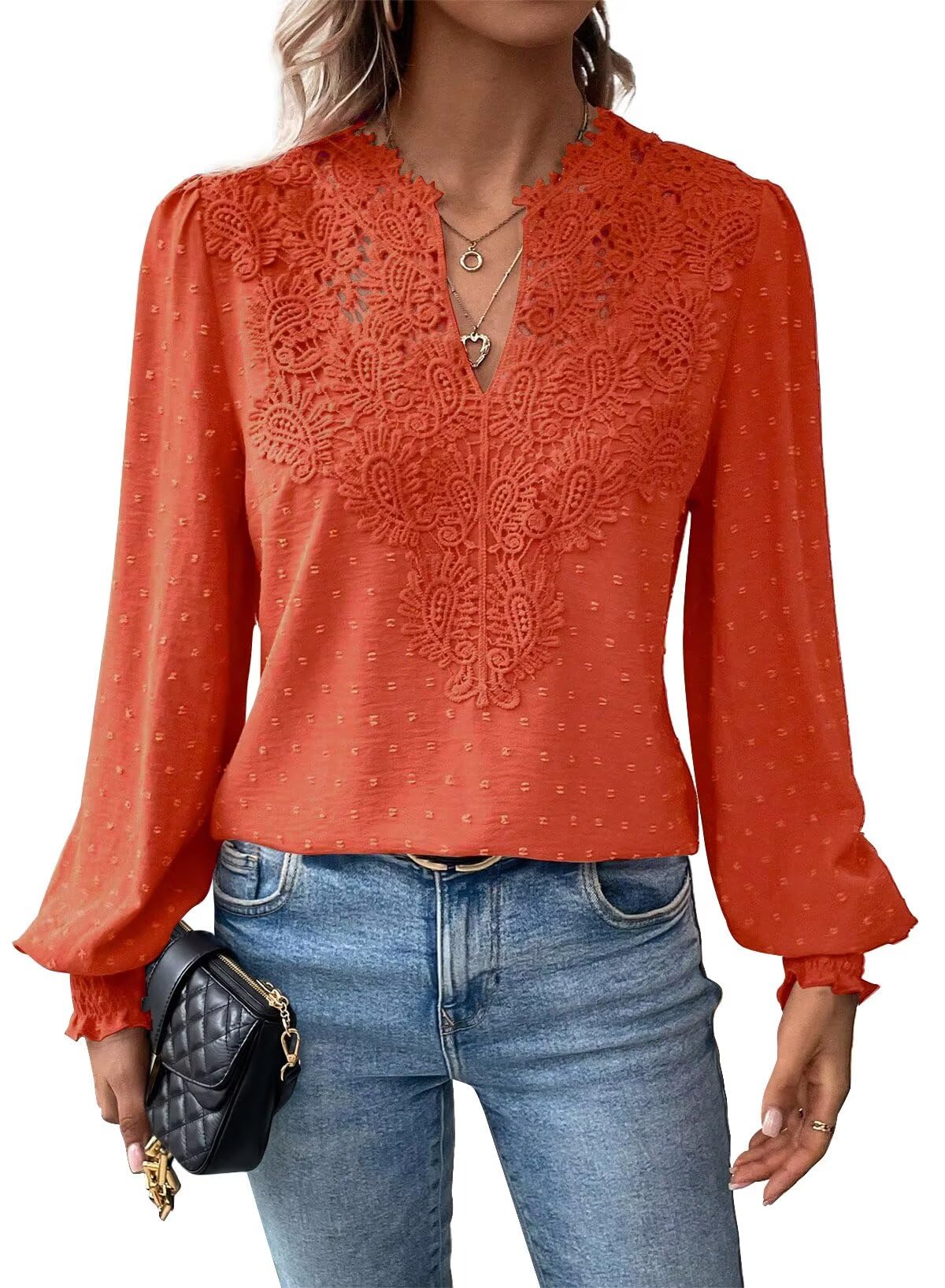 Falechay Womens Tops Swiss Dot Boho Long Sleeve Shirts V Neck Casual Chiffon Blouses Flowy Lace Hem Cute Clothing Trendy 2026