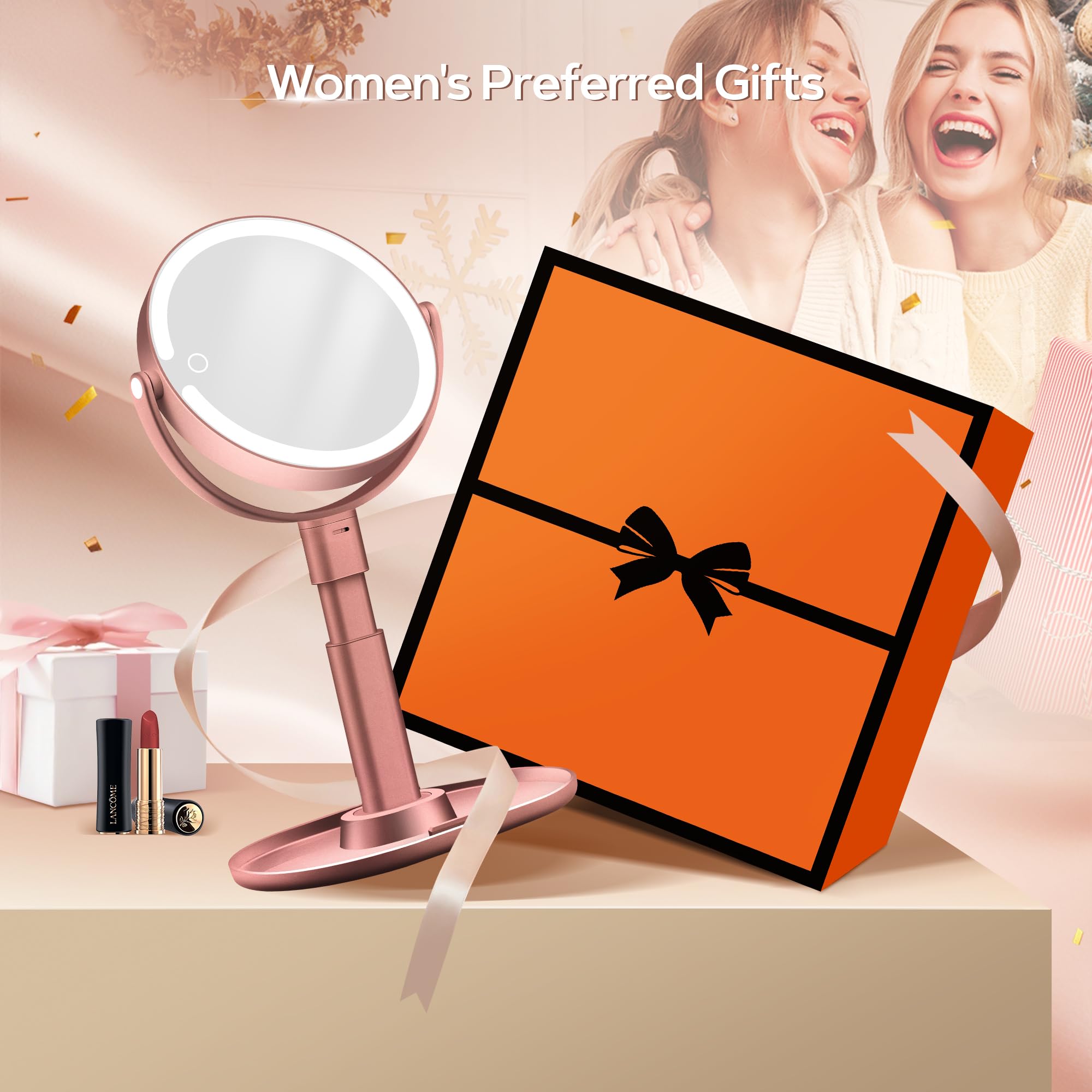 Miroir de maquillage sur pied rose doré à côté d’un coffret cadeau.