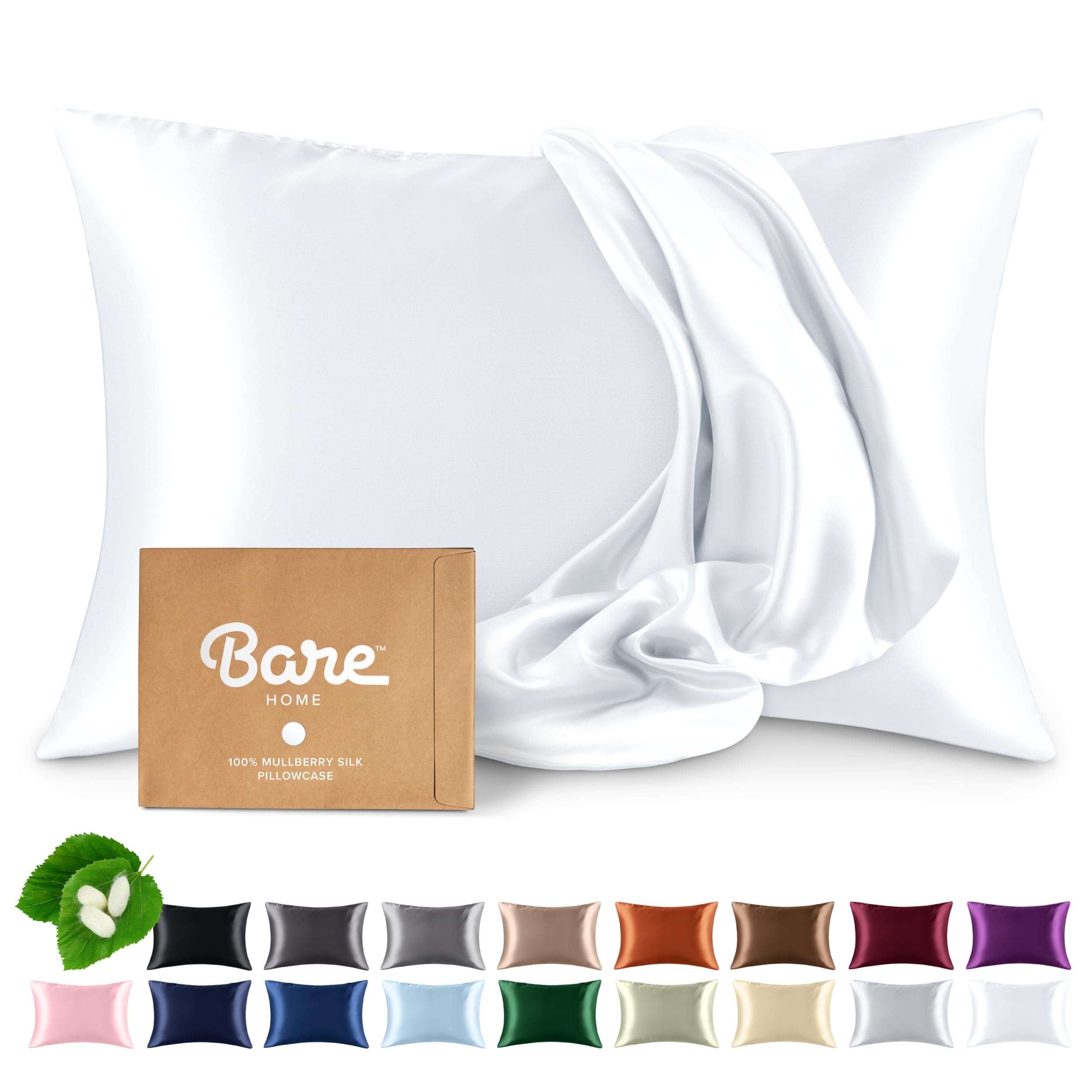 Bare Home 100% Mulberry Silk Pillowcase for Hair and Skin - Ultra Premium 6A Grade 19 Momme Silk Pillow Case - Hidden Zipper - Breathable Cooling Pillow Cover (Body, Silver)