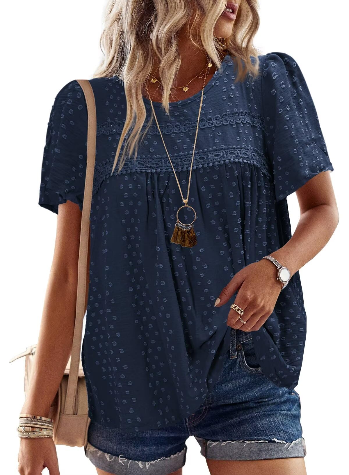 Falechay Womens Summer Tops Crewneck Short Sleeve Shirts Casual Chiffon Blouses Flowy Lace Hem Boho Clothing Trendy 2026