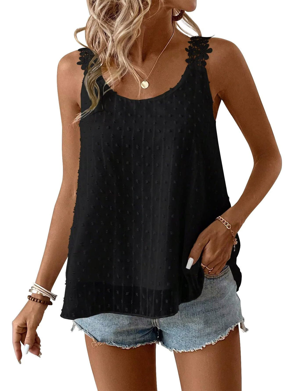 Falechay Womens Tank Tops Flowy Sleeveless Summer Boho Tank Top for Women Crewneck Spaghetti Strap Lace Camisole Shirts