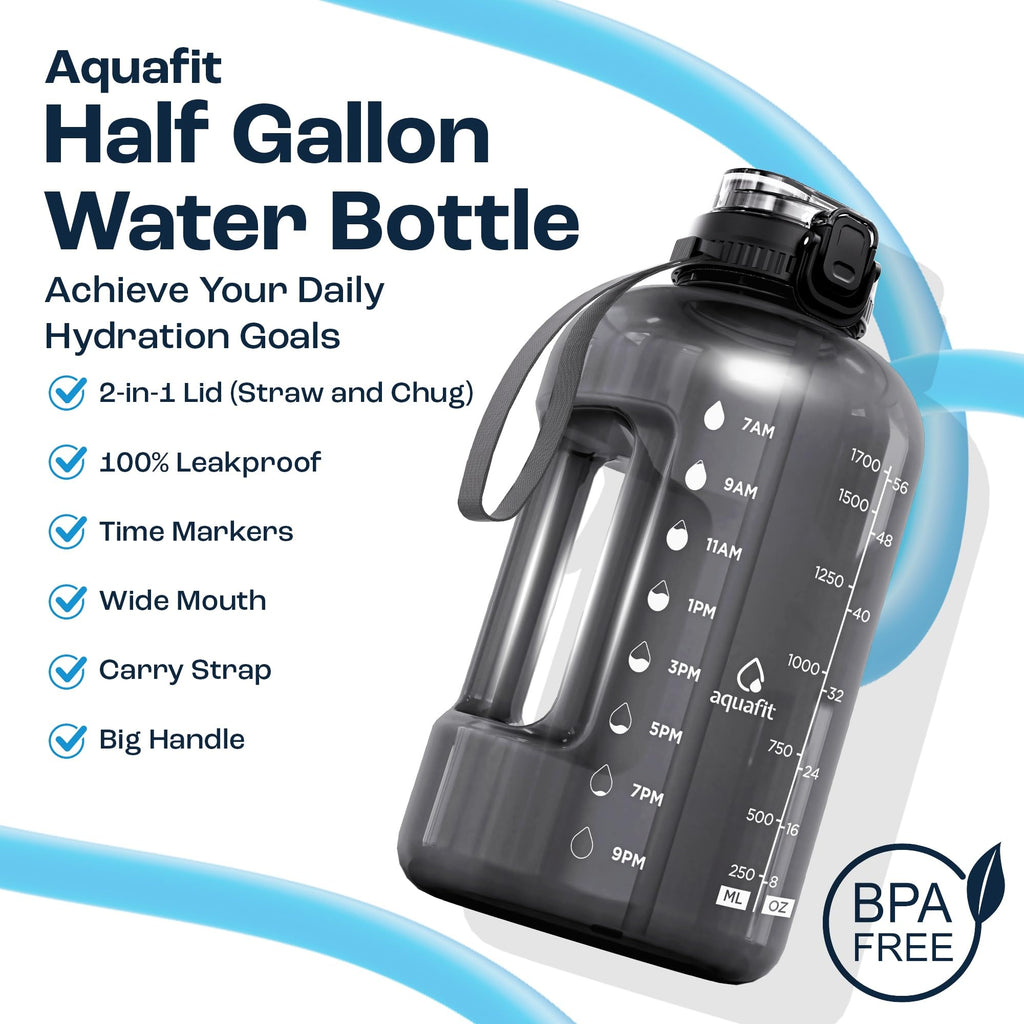 AQUAFIT 2l Water Bottle with Straw - Half Gallon Water Bottle - Motivational Gym Water Bottles 2l - 2 Liter Water Bottle Time Marker - Half Gallon Water Jug 64 oz - Large Water Bottle Gray
