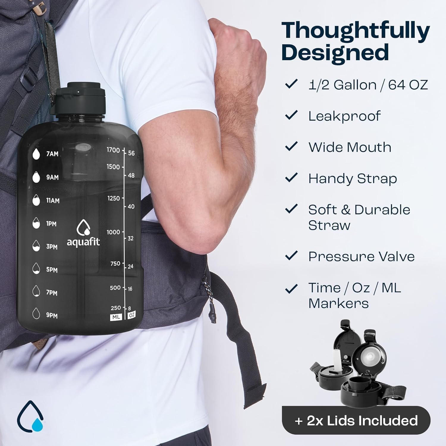 AQUAFIT 2l Water Bottle with Straw - Half Gallon Water Bottle - Motivational Gym Water Bottles 2l - 2 Liter Water Bottle Time Marker - Half Gallon Water Jug 64 oz - Large Water Bottle Gray