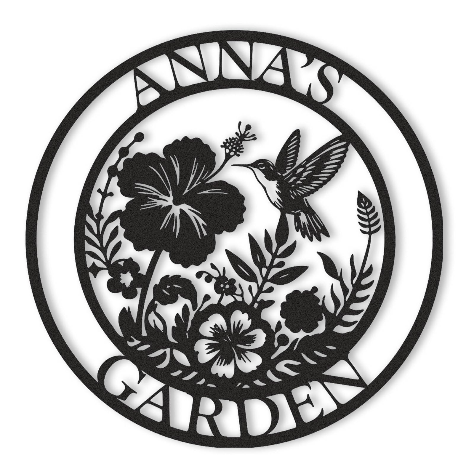 Panneau métal rond ANNA'S GARDEN noir, fleurs et oiseau, motif décoratif