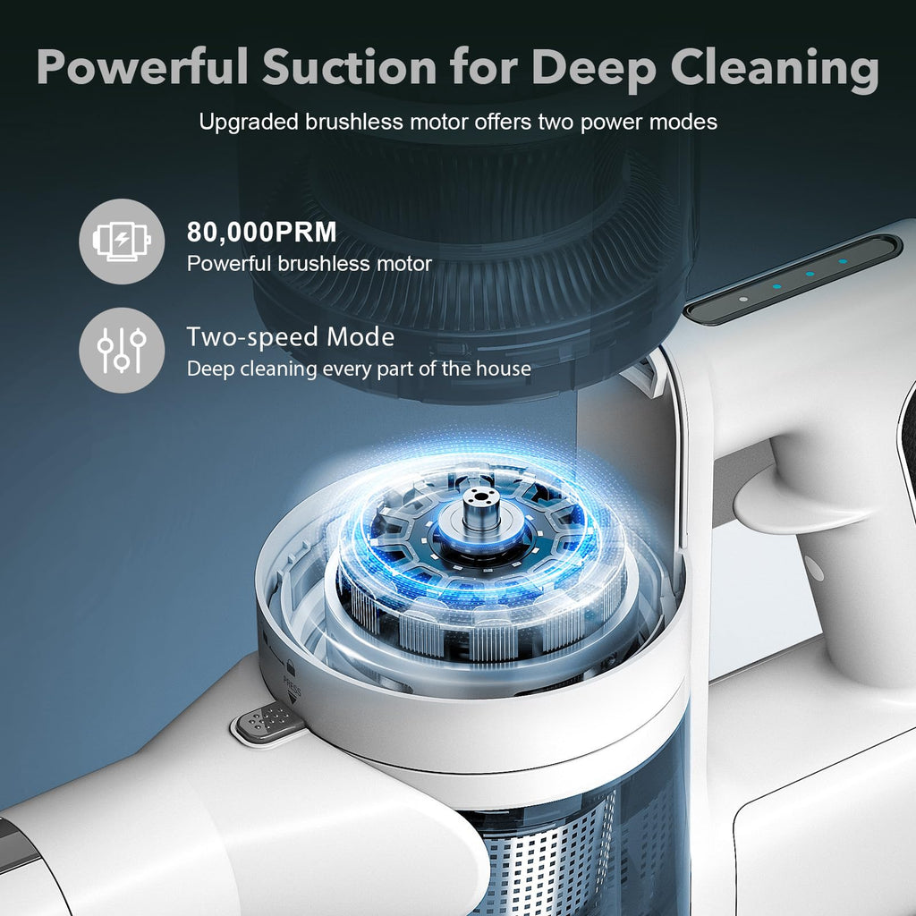 4 in 1 Cordless Vacuum for Home, 80,000PRM Powerful Motor Vacuum Cleaner with 2 Adjustable Modes, Max 40 Mins Runtime Rechargeable Battery and Washable Parts Stick Vacuum (Zinc White)