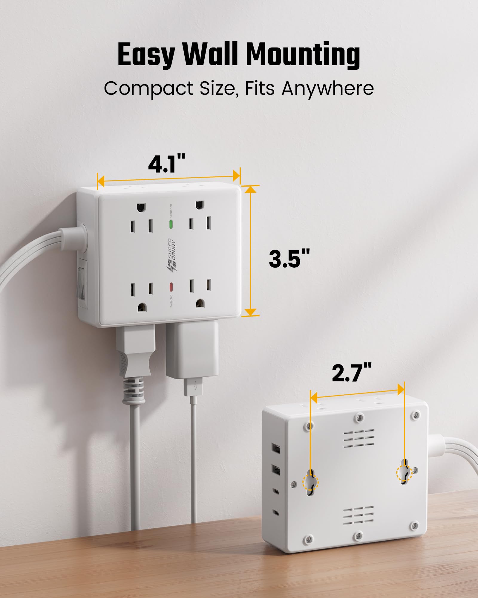 Surge Protector Power Bar, SUPERDANNY 6 Ft Extension Cord with 8 Outlets & 4USB Ports (2 USB 2 C), Mountable Flat Plug Power Strip, Surge Protection for Home, Office, Dorm