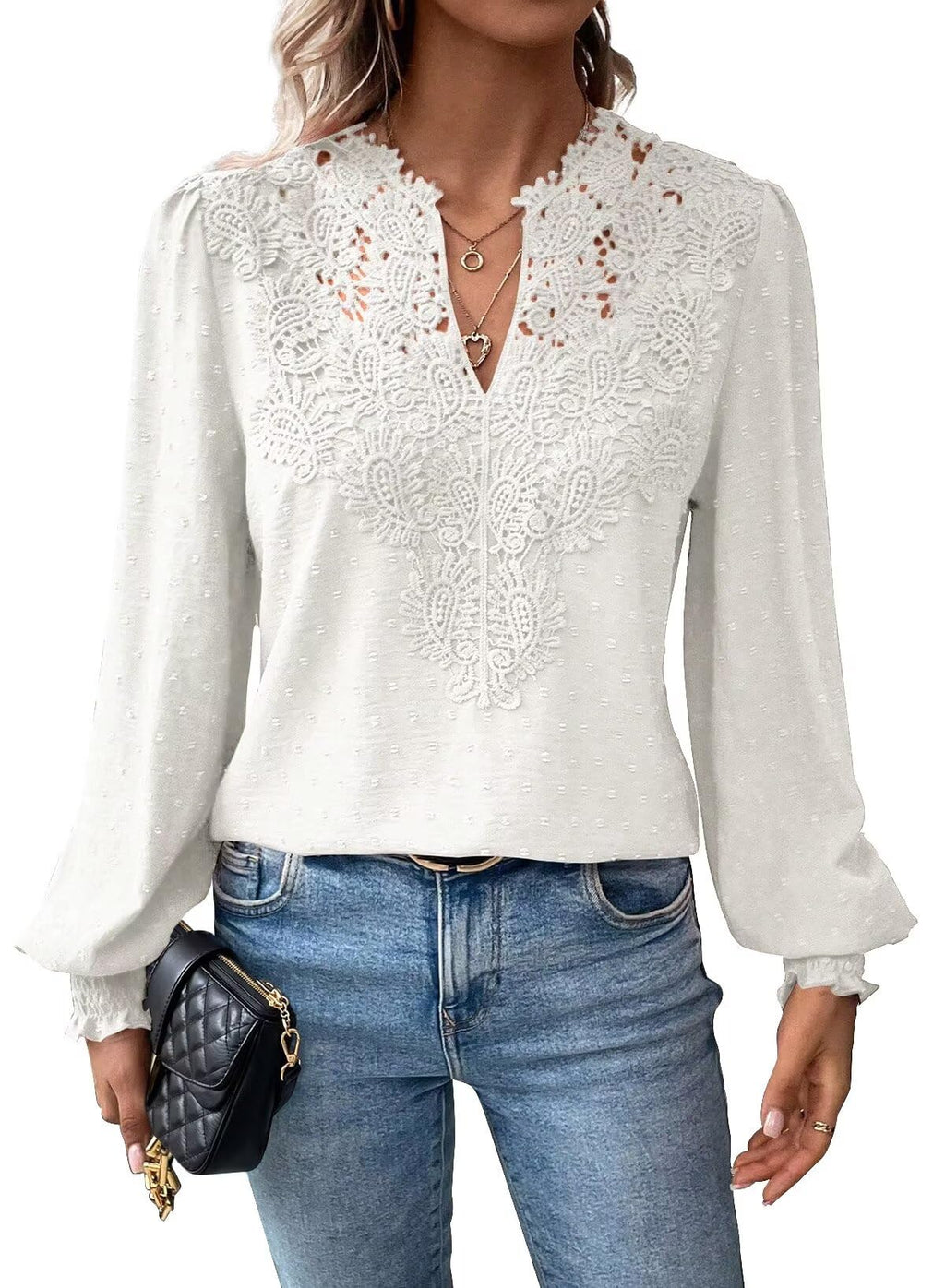Falechay Womens Tops Swiss Dot Boho Long Sleeve Shirts V Neck Casual Chiffon Blouses Flowy Lace Hem Cute Clothing Trendy 2026