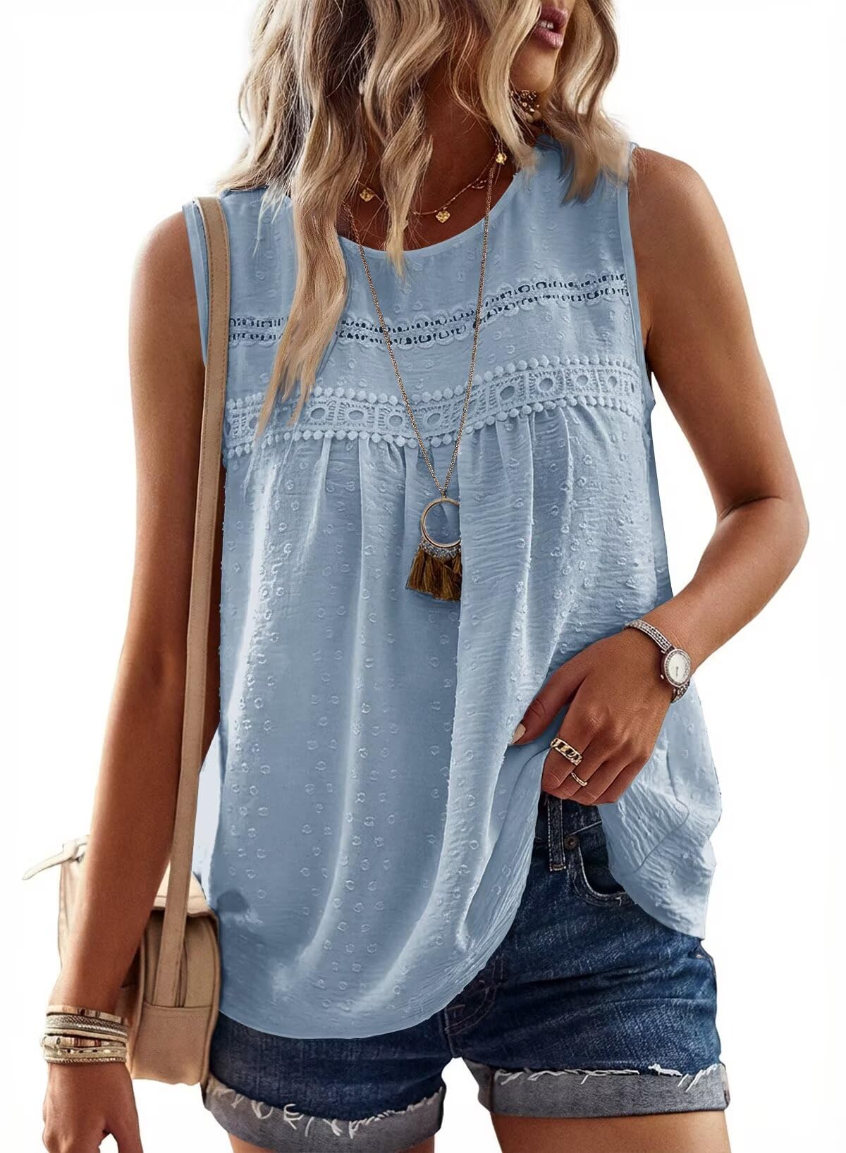 Falechay Womens Summer Tops Boho Shirts Crewneck Sleeveless Tank Tops Flowy Lace Hem Casual Blouses Clothing Trendy 2026