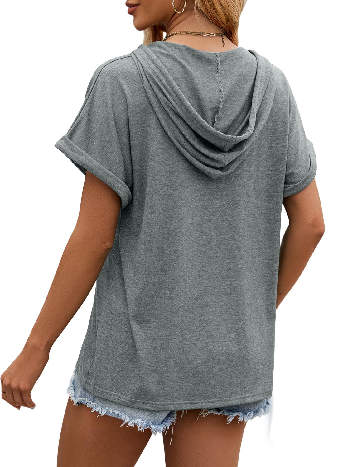 isermeo Womens Oversized Short Rolled Sleeve Summer Hoodie T Shirt 2024 Trendy Henley Button Tshirts S-XXL