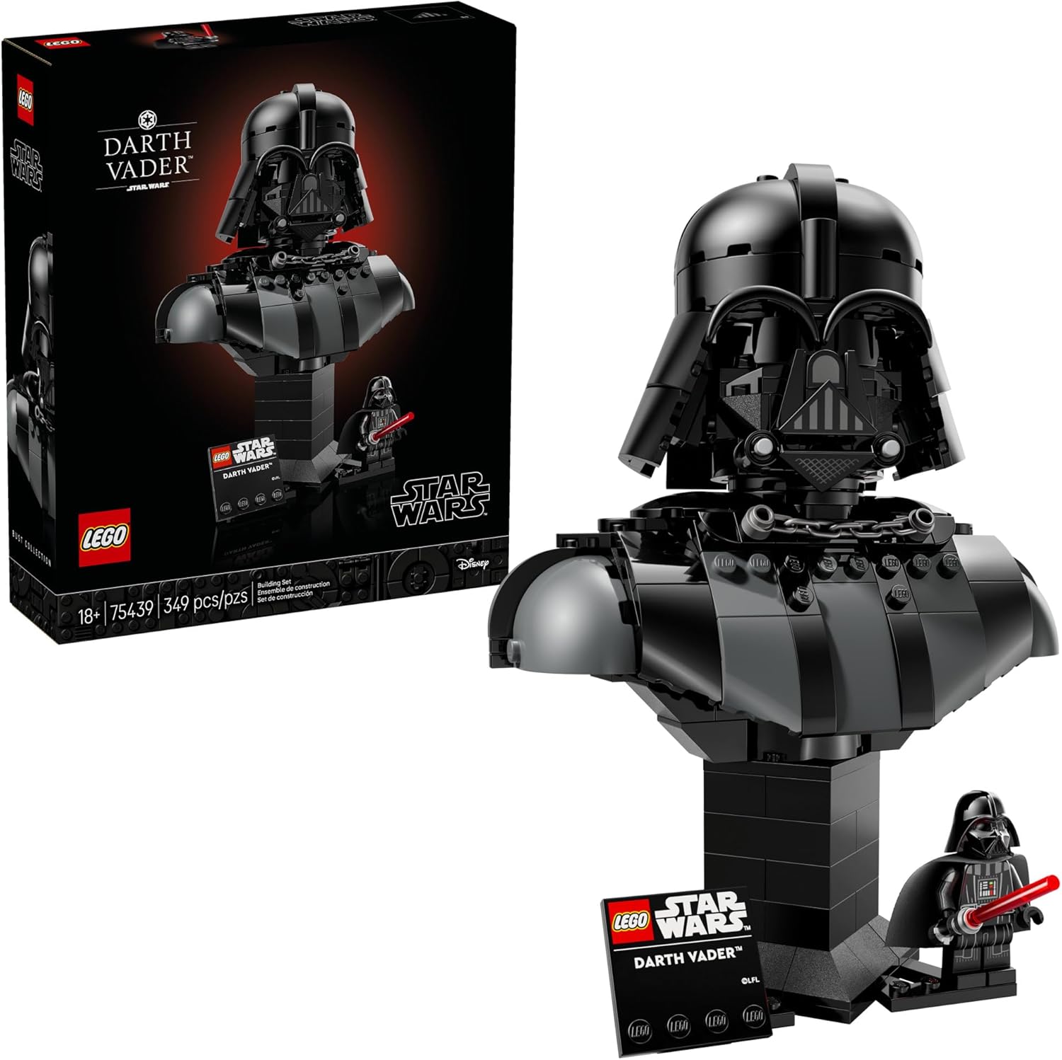 Buste LEGO Darth Vader en briques, avec mini figurine sur socle