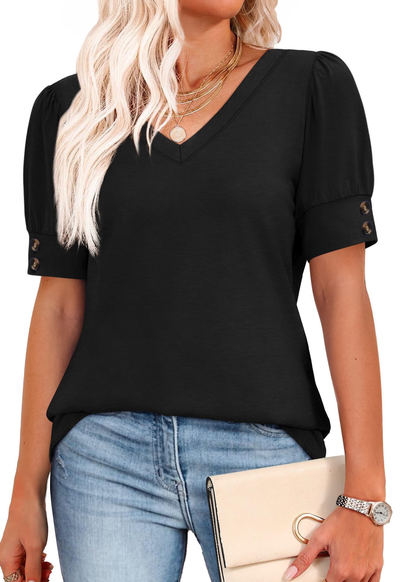 isermeo Womens Tops Short Sleeve Buttons Shirts V Neck Summer Shirts Blouses Dressy Casual Fashion S-XXL