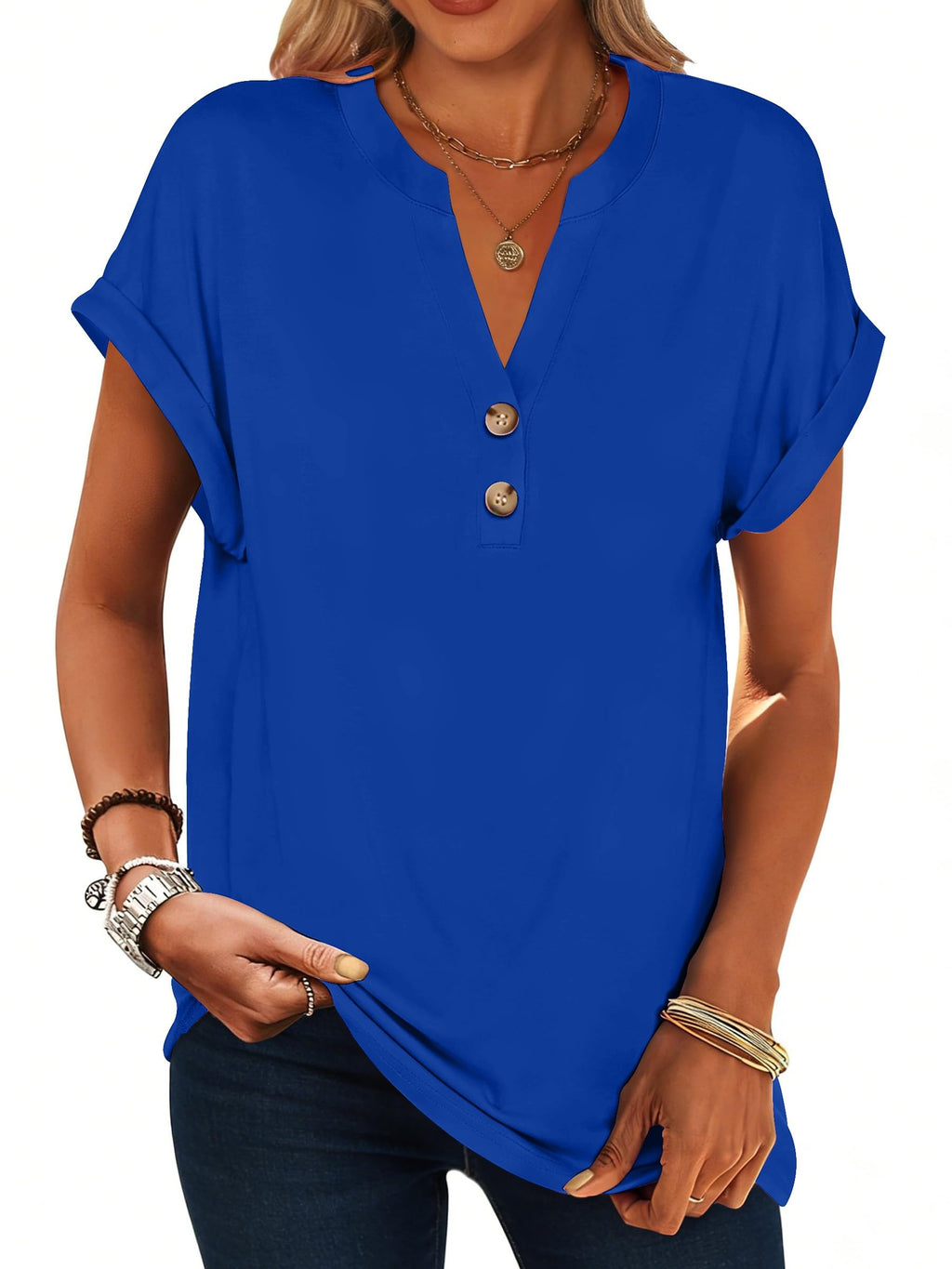 isermeo Womens Short Sleeve Henley Tops V Neck Dressy Casual Blouses Summer Tee Shirts 2026 Trendy Button Clothes S-XXL