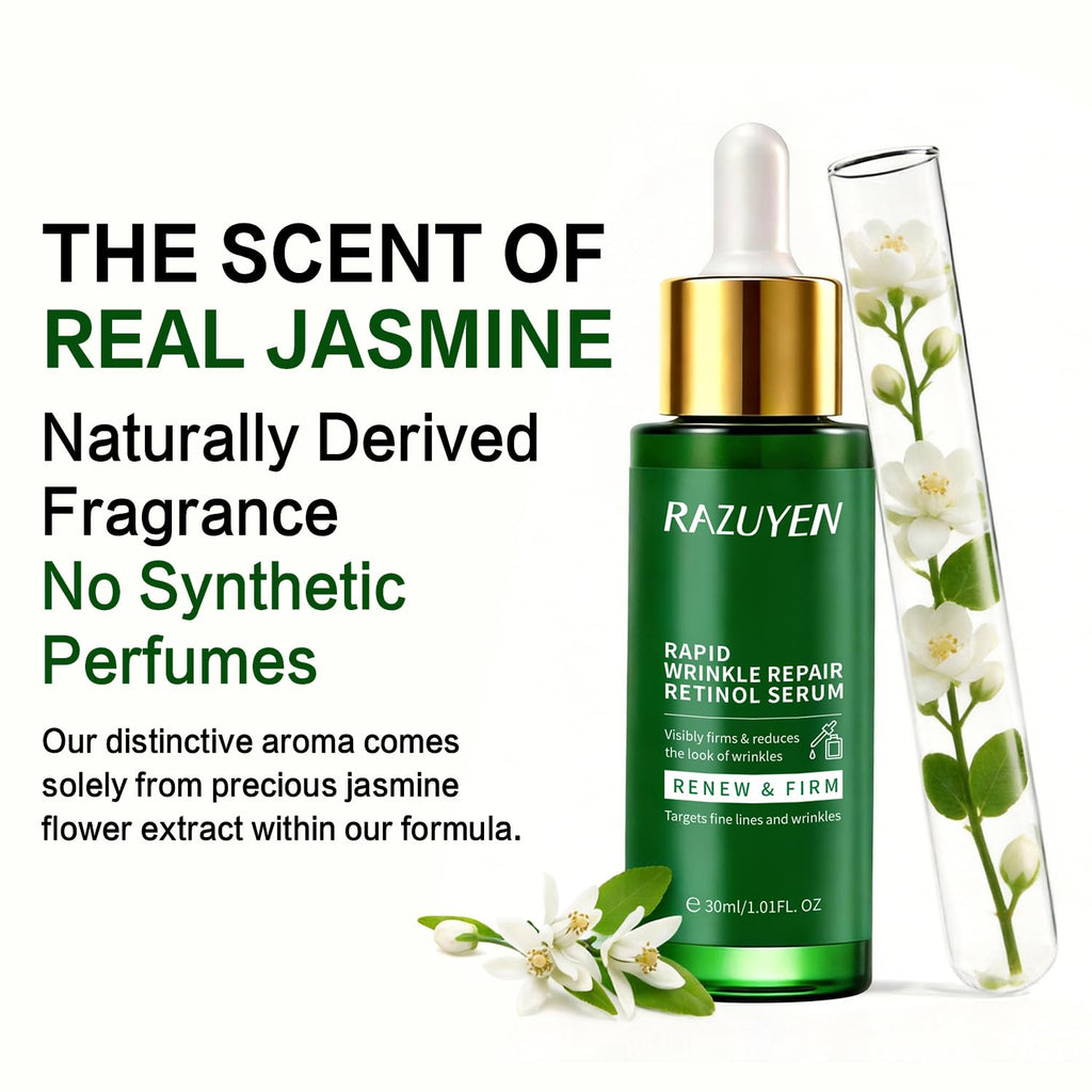 Flacon de sérum RAZUYEN au rétinol, bouchon doré, fleurs de jasmin à côté