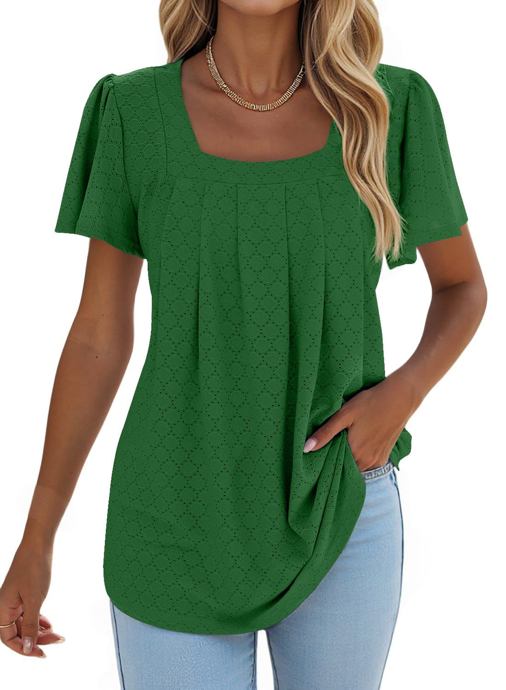 isermeo Summer Tops for Women Pleated Square Neck Ruffle Sleeve Shirts Casual Loose Flowy Curved Hem Tunic S-XXL
