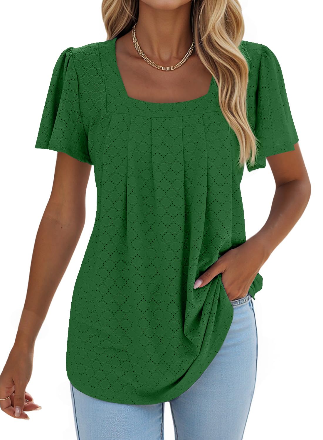 isermeo Summer Tops for Women Pleated Square Neck Ruffle Sleeve Shirts Casual Loose Flowy Curved Hem Tunic S-XXL