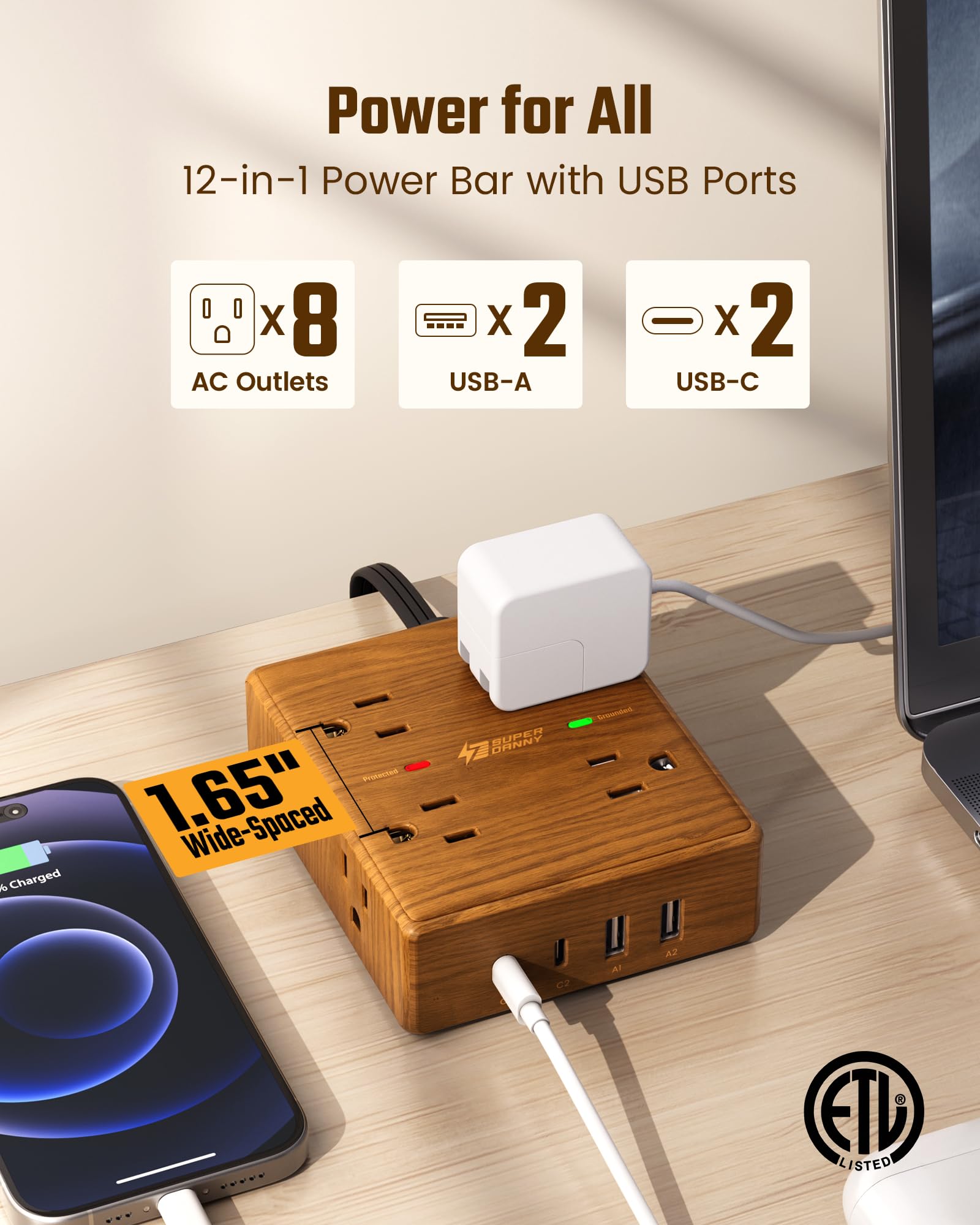 Surge Protector Power Bar, SUPERDANNY 6 Ft Extension Cord with 8 Outlets & 4USB Ports (2 USB 2 C), Mountable Flat Plug Power Strip, Surge Protection for Home, Office, Dorm