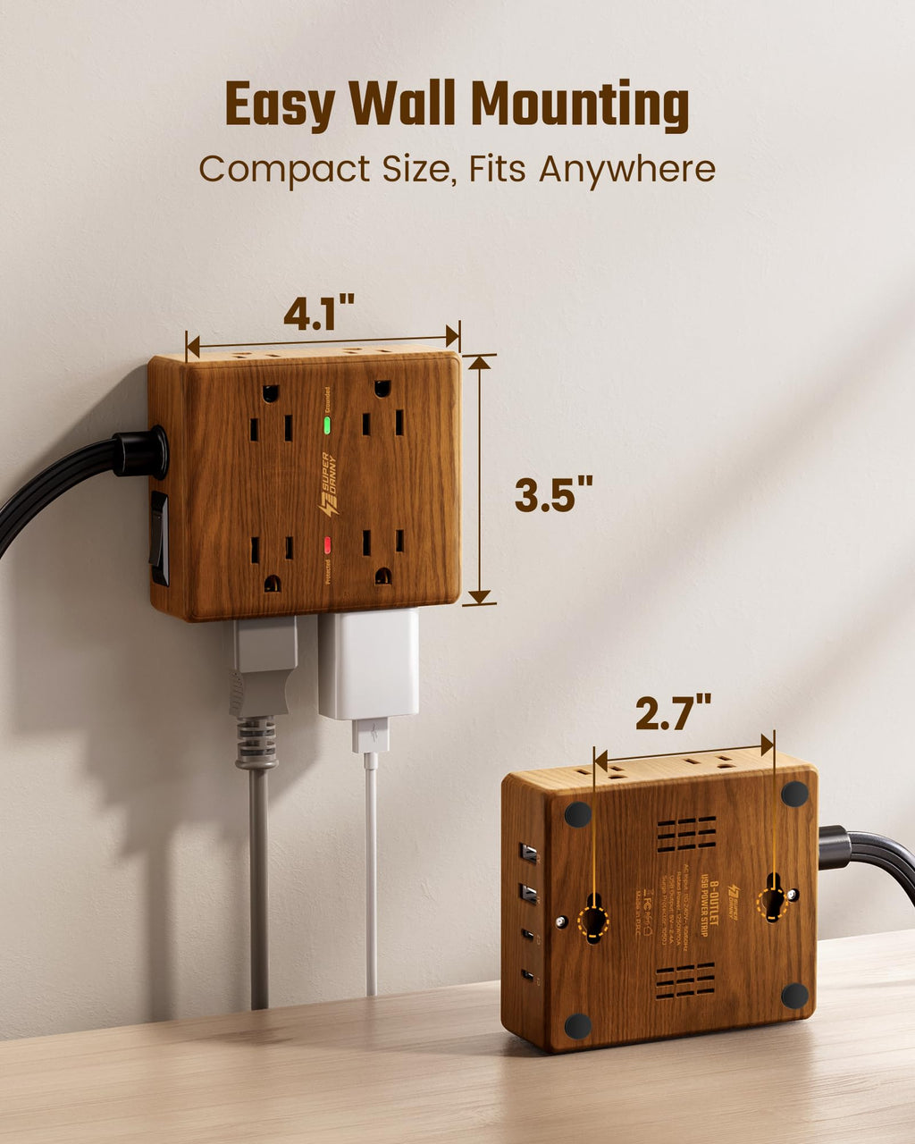 Surge Protector Power Bar, SUPERDANNY 6 Ft Extension Cord with 8 Outlets & 4USB Ports (2 USB 2 C), Mountable Flat Plug Power Strip, Surge Protection for Home, Office, Dorm