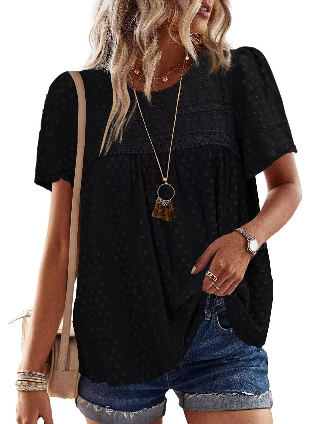 Falechay Womens Summer Tops Crewneck Short Sleeve Shirts Casual Chiffon Blouses Flowy Lace Hem Boho Clothing Trendy 2026