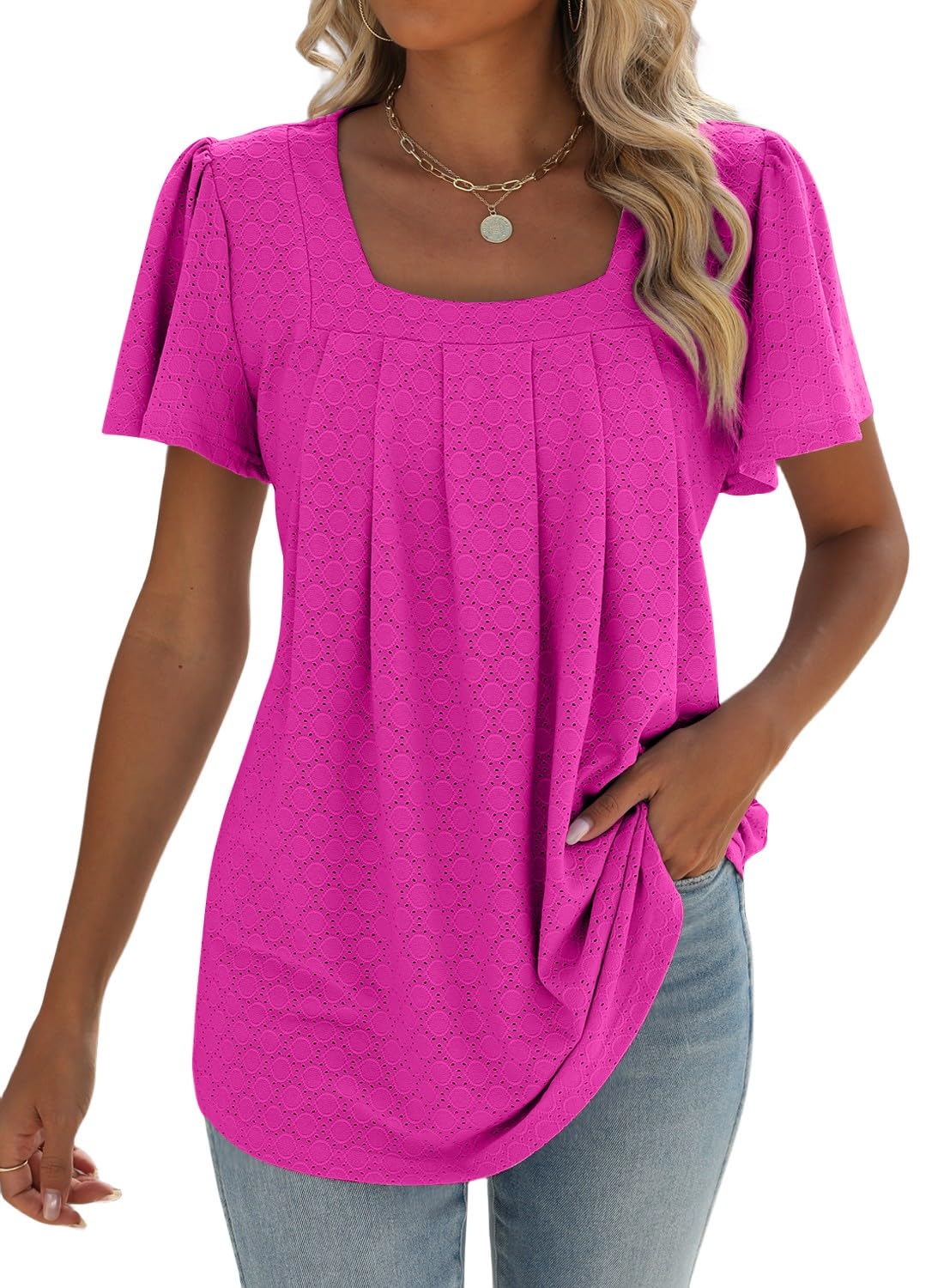 isermeo Summer Tops for Women Pleated Square Neck Ruffle Sleeve Shirts Casual Loose Flowy Curved Hem Tunic S-XXL