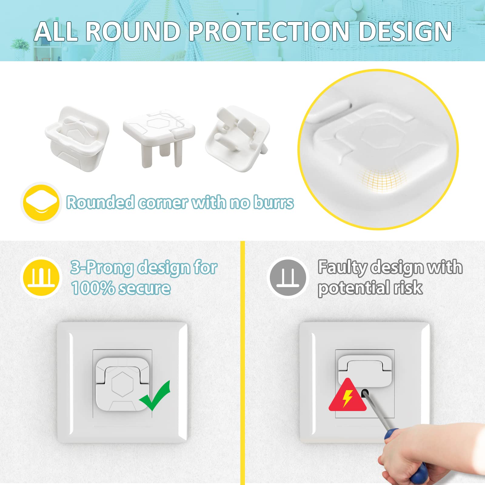 4our Kiddies Baby Proofing Outlet Covers (60 Pack) Electric Outlet Plug Covers for Child Safety, Baby Socket Cover Protector Cap to Prevent Child from Power Shock Hazard