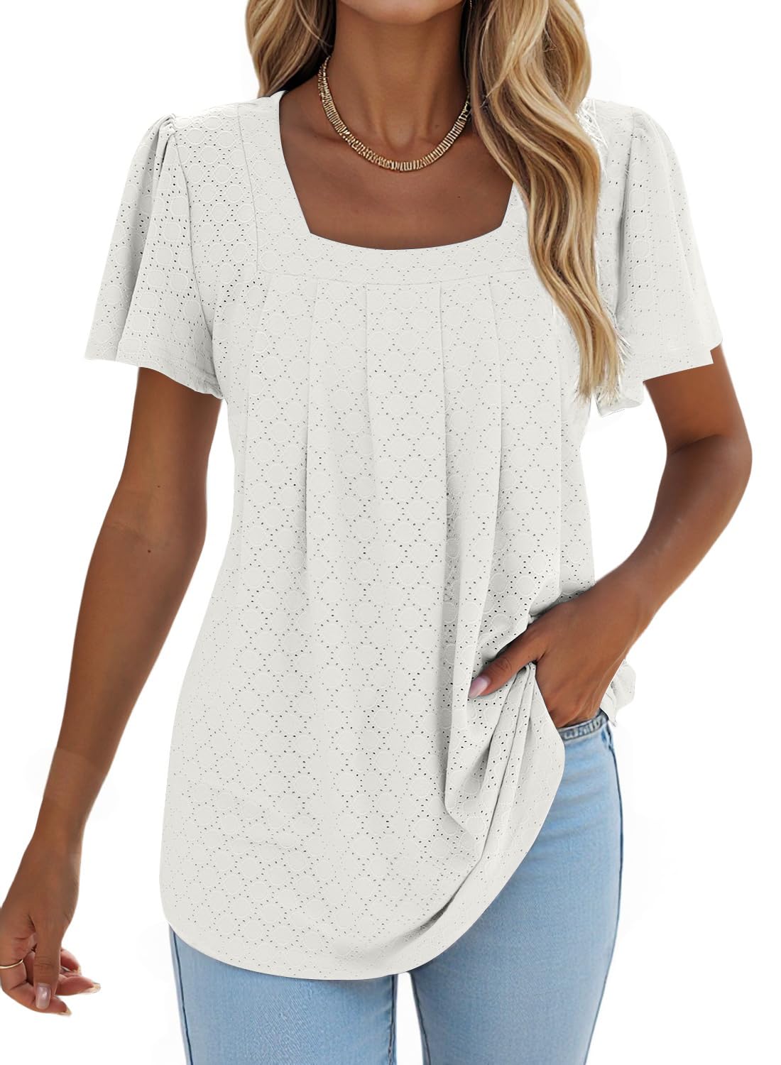 isermeo Summer Tops for Women Pleated Square Neck Ruffle Sleeve Shirts Casual Loose Flowy Curved Hem Tunic S-XXL