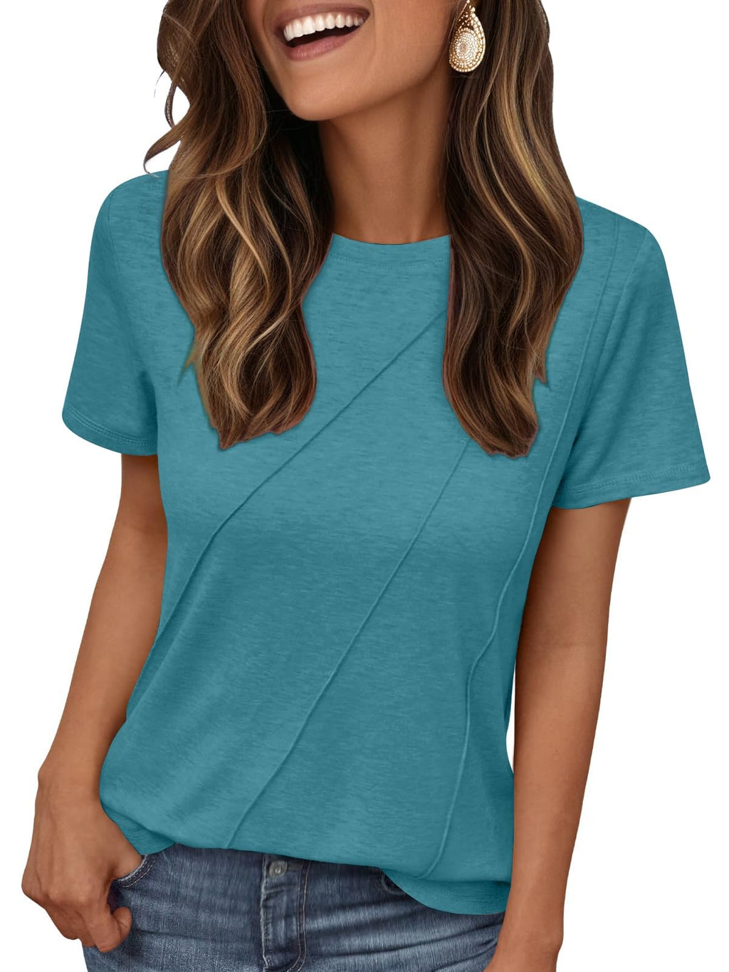 isermeo Women's Summer Short Sleeve Tops Casual Crewneck Fashion Pleated T-Shirts Blouses Trendy 2026 S-XXL