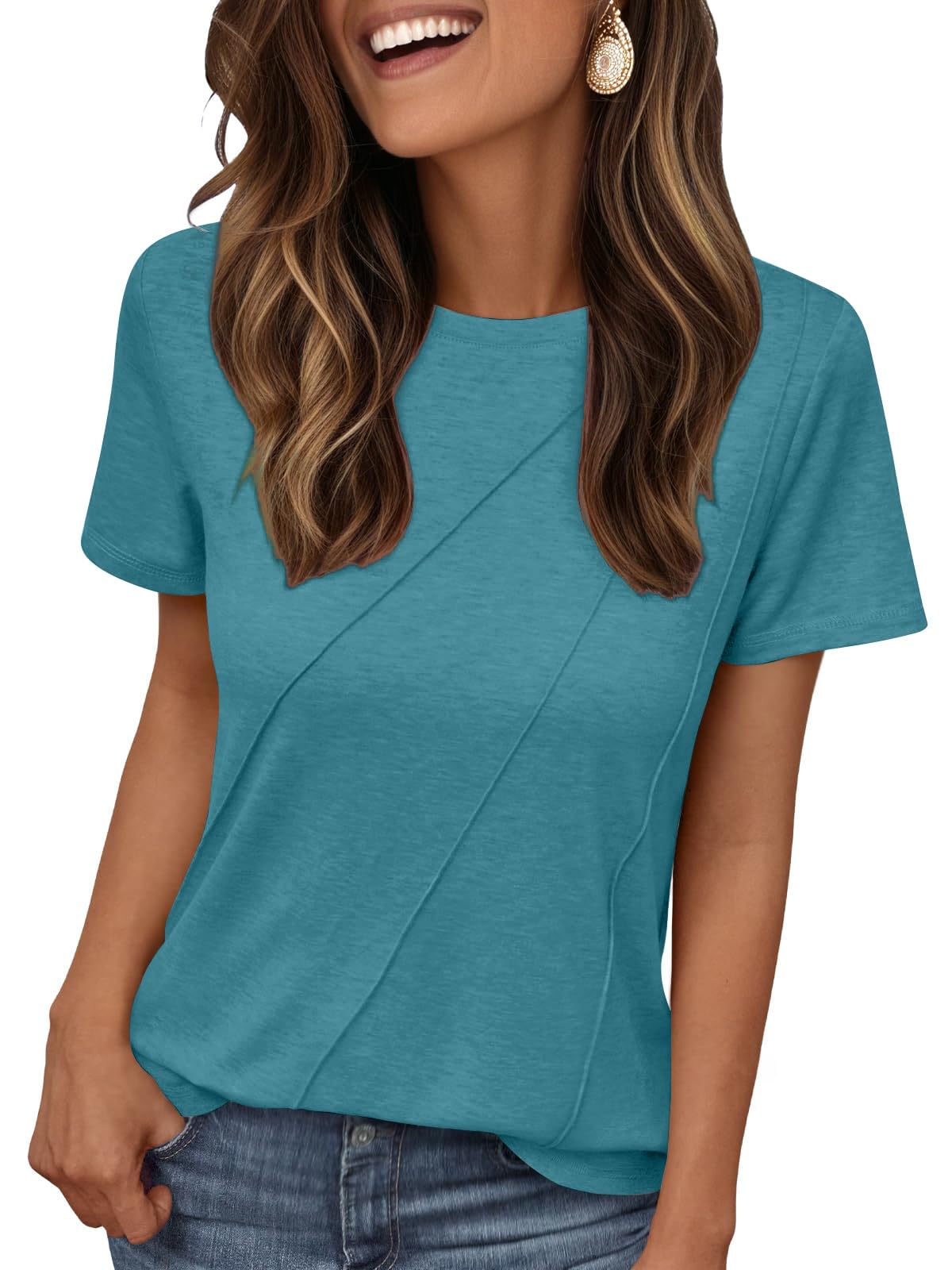 isermeo Women's Summer Short Sleeve Tops Casual Crewneck Fashion Pleated T-Shirts Blouses Trendy 2026 S-XXL