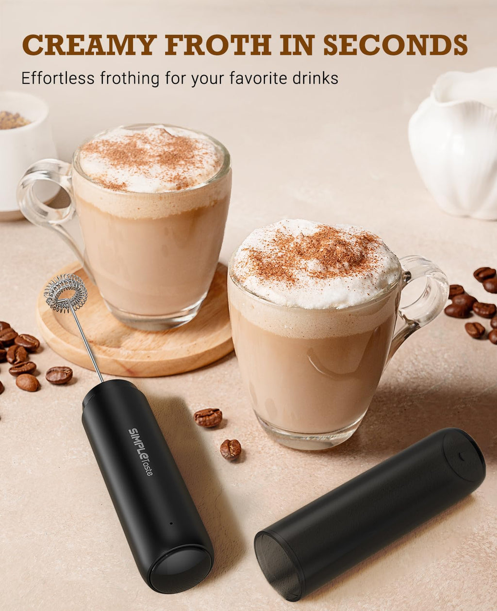 SIMPLETASTE Milk Frother Handheld Electric Foam Maker, Drink Mixer with Stainless Steel Whisk for Cappuccino, Bulletproof Coffee, Latte, Blizzard White, Without Stand, Battery Operated