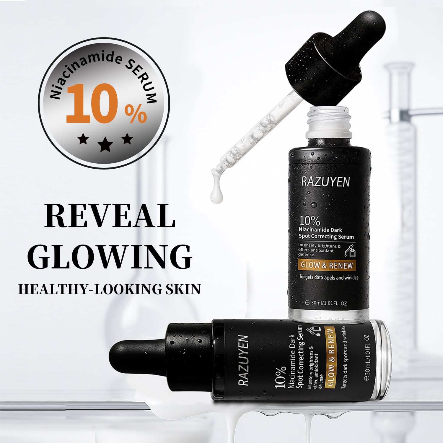 Sérum RAZUYEN au niacinamide 10% avec flacon noir et pipette doseuse.