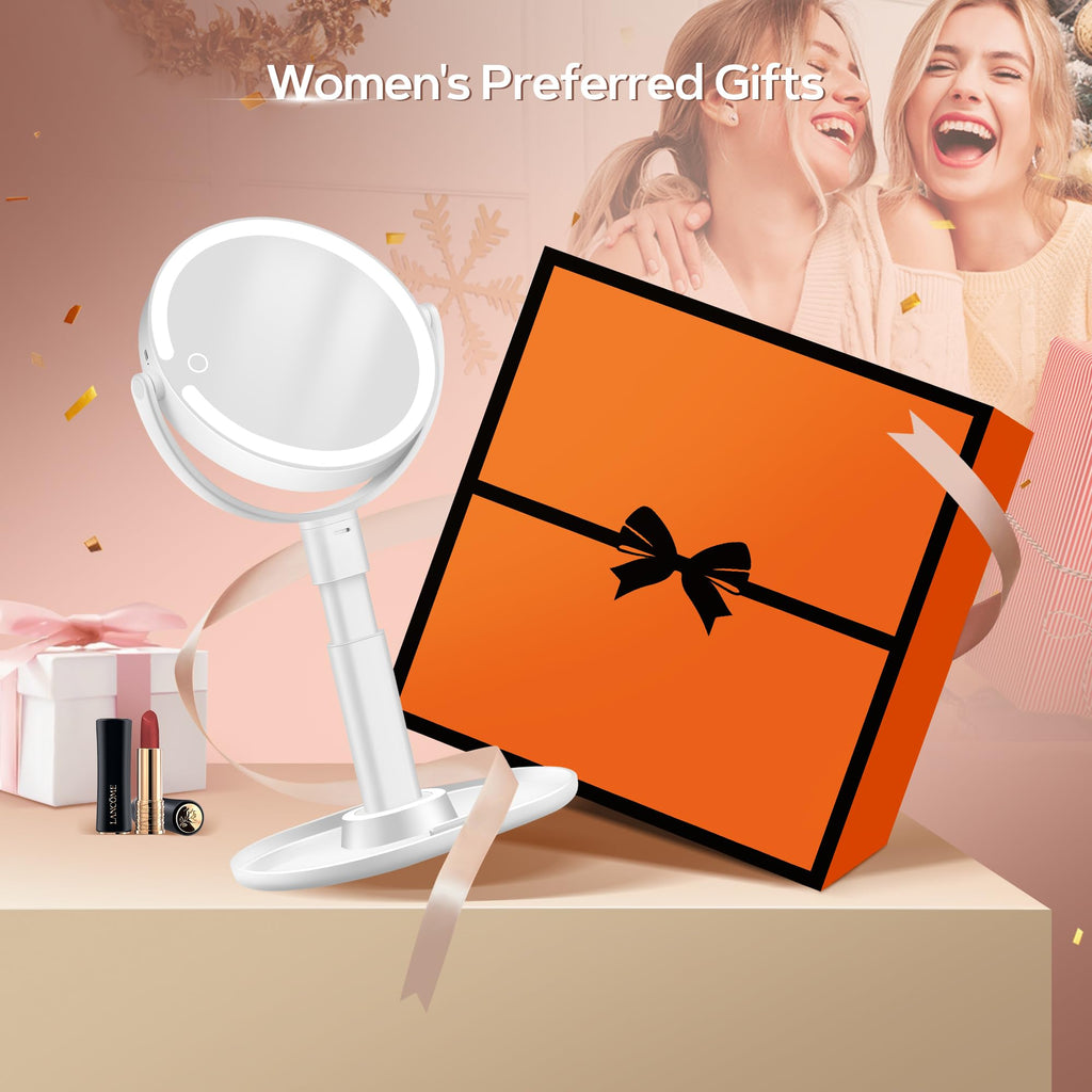 Miroir de maquillage lumineux sur pied blanc, coffret cadeau à côté