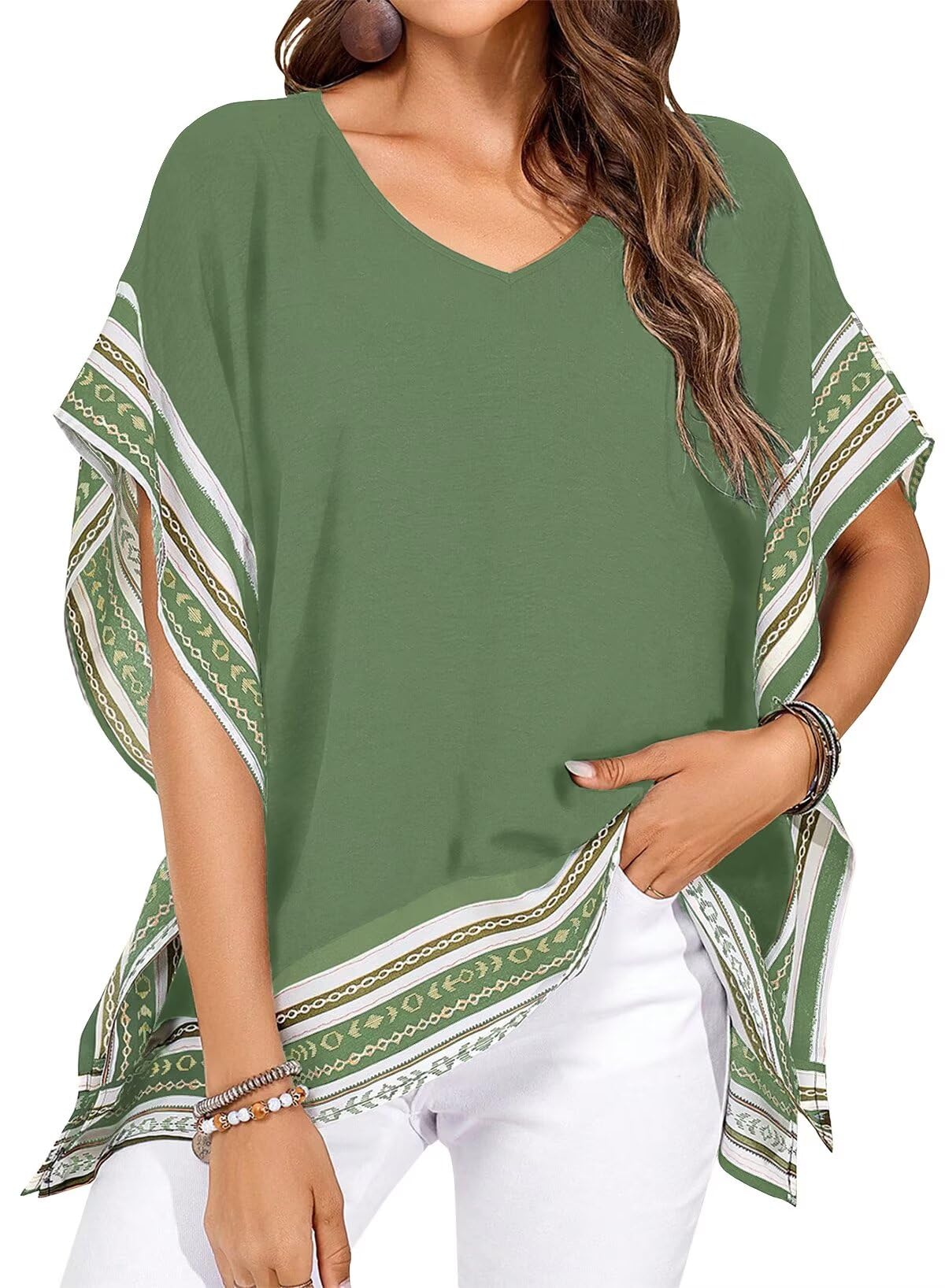 Falechay Women's Casual V Neck Floral Tops Batwing Sleeve Blouse Loose Fitting Shirts Boho Flowy Side Slit Tees