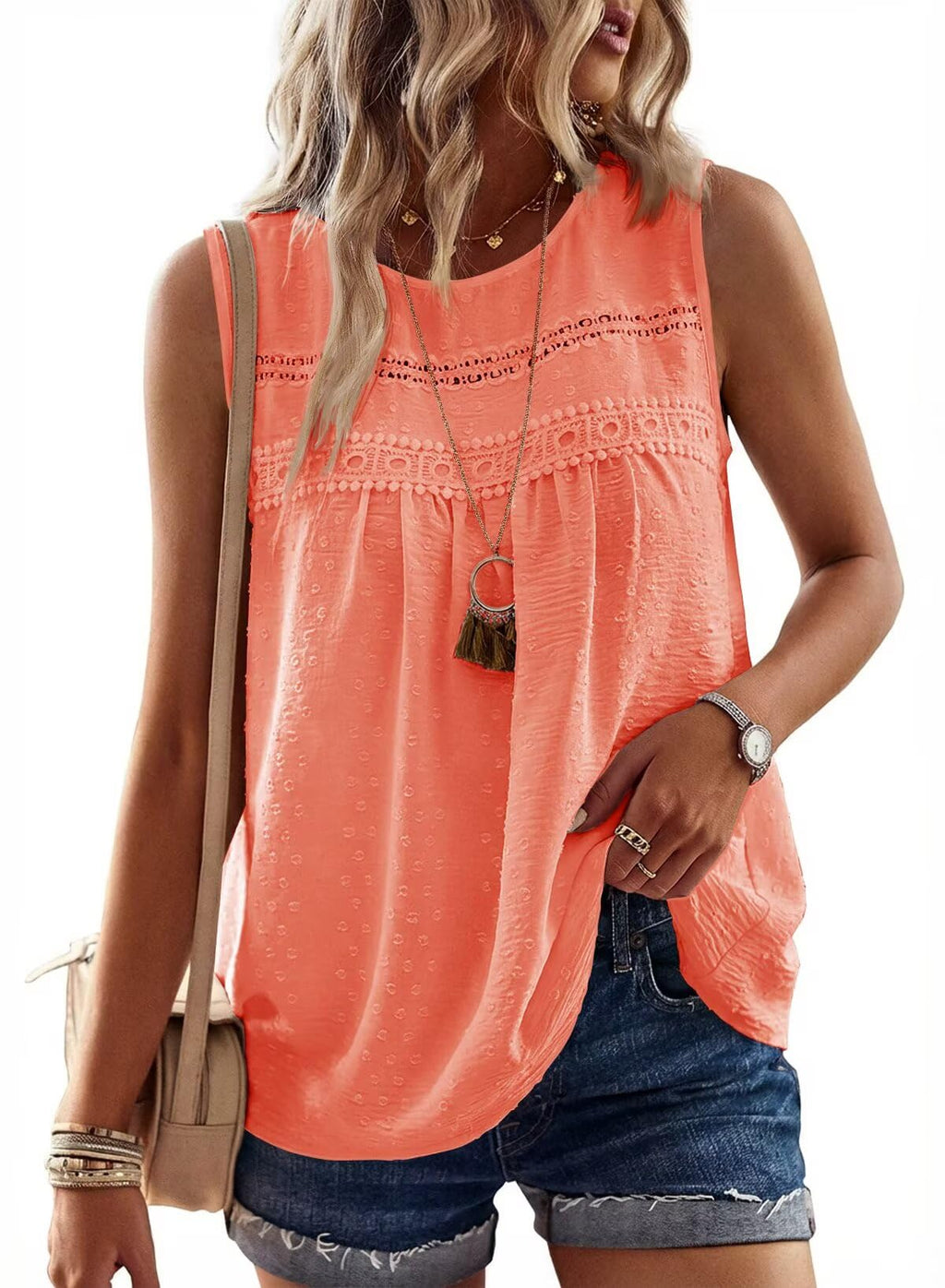 Falechay Womens Summer Tops Boho Shirts Crewneck Sleeveless Tank Tops Flowy Lace Hem Casual Blouses Clothing Trendy 2026