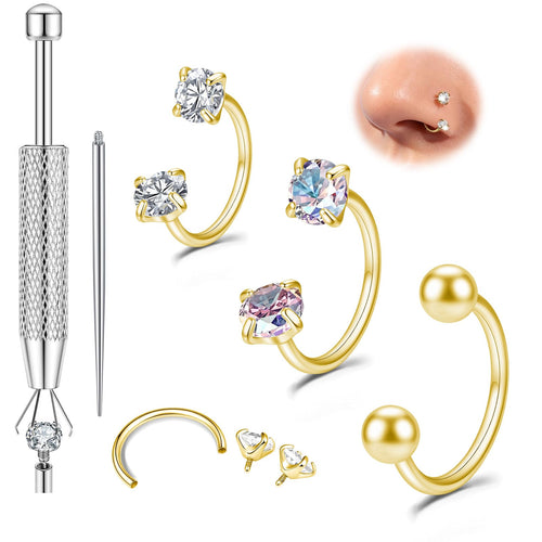 Anneaux de nez fer à cheval dorés avec pierres, boules et fermoirs, acier inox
