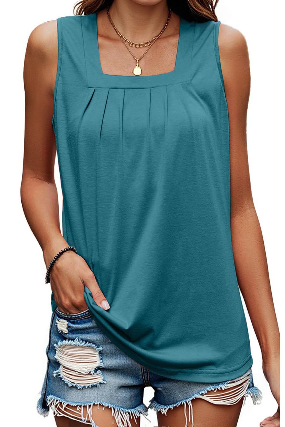 isermeo Summer Tank Tops for Women Loose Fit Pleated Square Neck Sleeveless Shirt Flowy Tops S-XXL