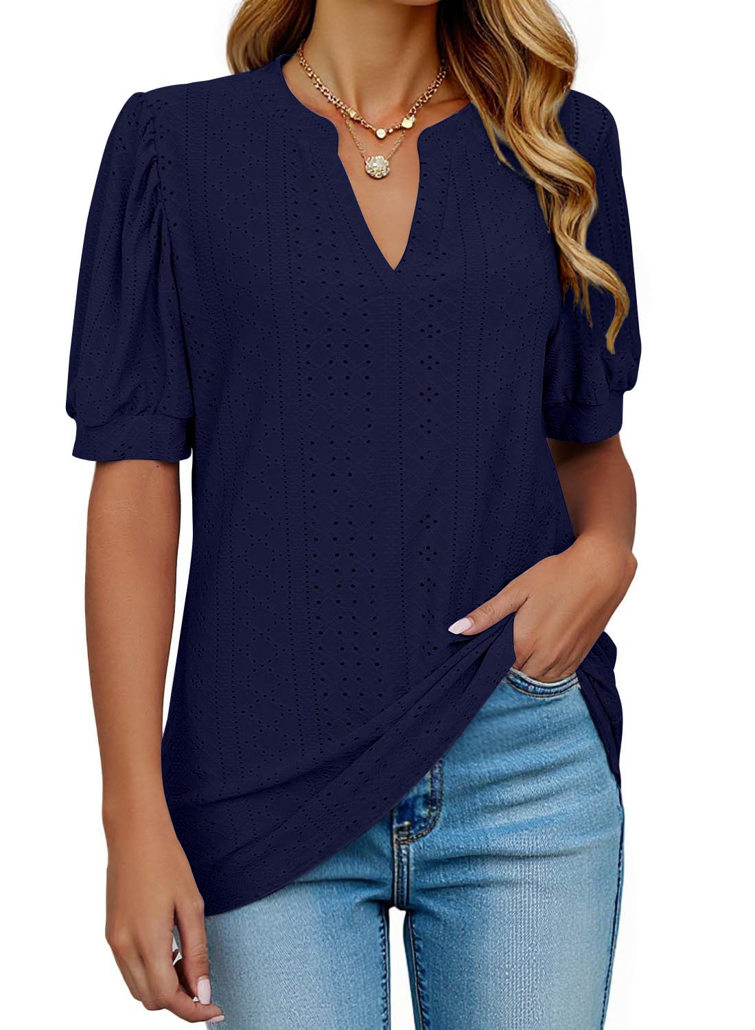 isermeo Womens Shirts Casual V Neck Tshirts Puff Short Sleeve Summer Tops Tunic Blouses S-XXL