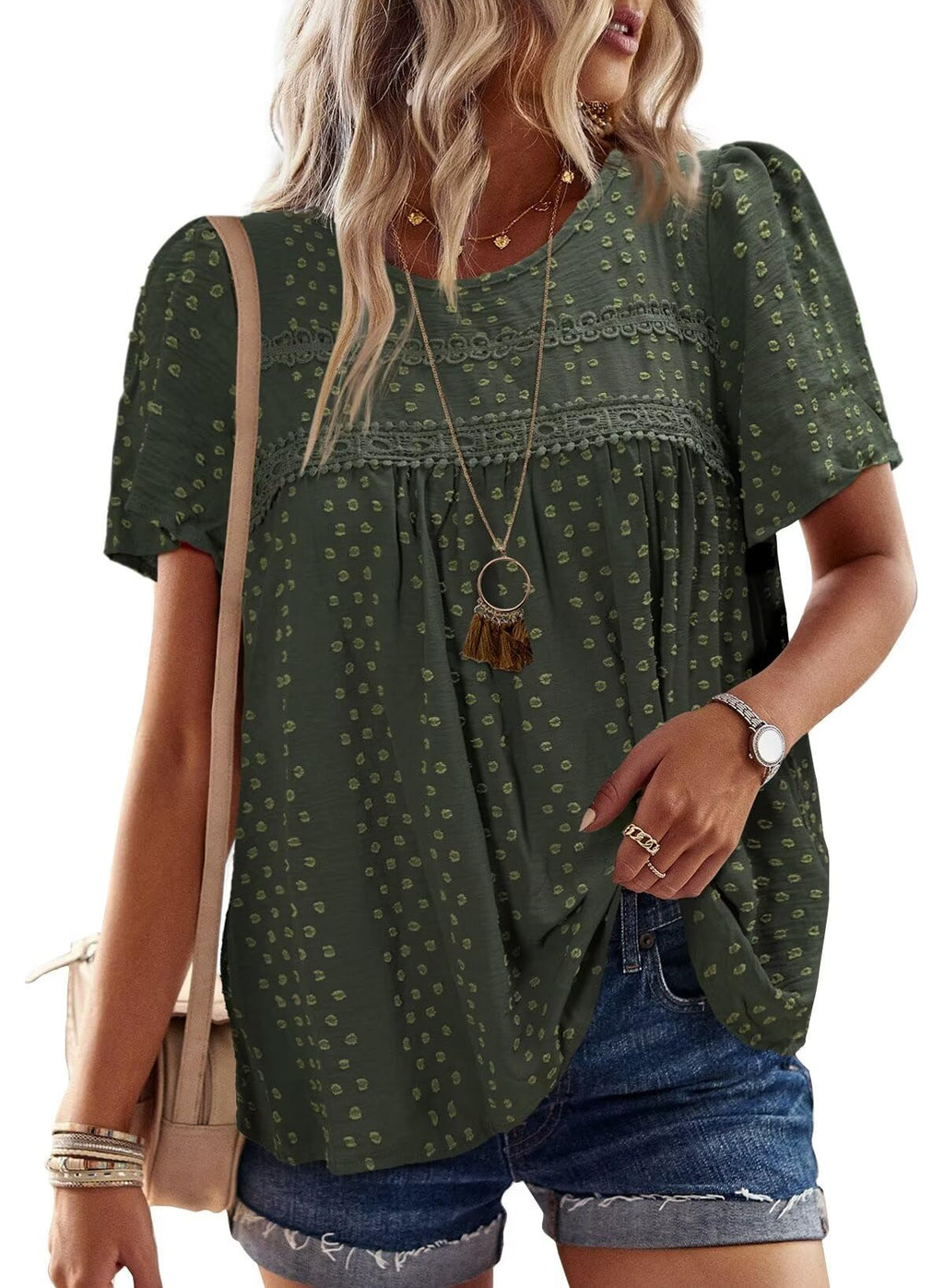 Falechay Womens Summer Tops Crewneck Short Sleeve Shirts Casual Chiffon Blouses Flowy Lace Hem Boho Clothing Trendy 2026