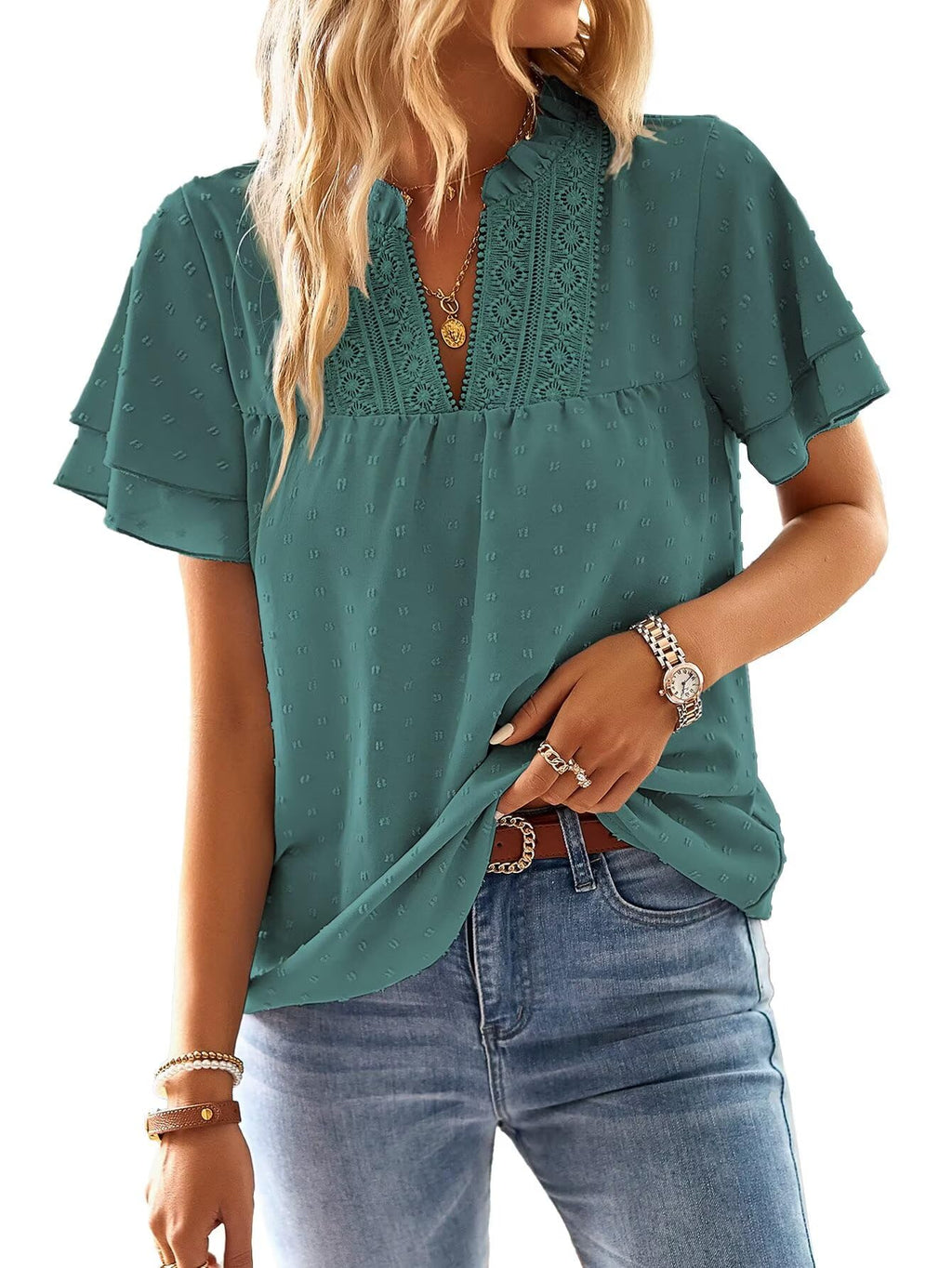 Falechay Womens Tops Butterfly Sleeve V Neck Blouses for Women Dressy Casual Flowy Swiss Dot Ruffle Short Sleeve Shirts
