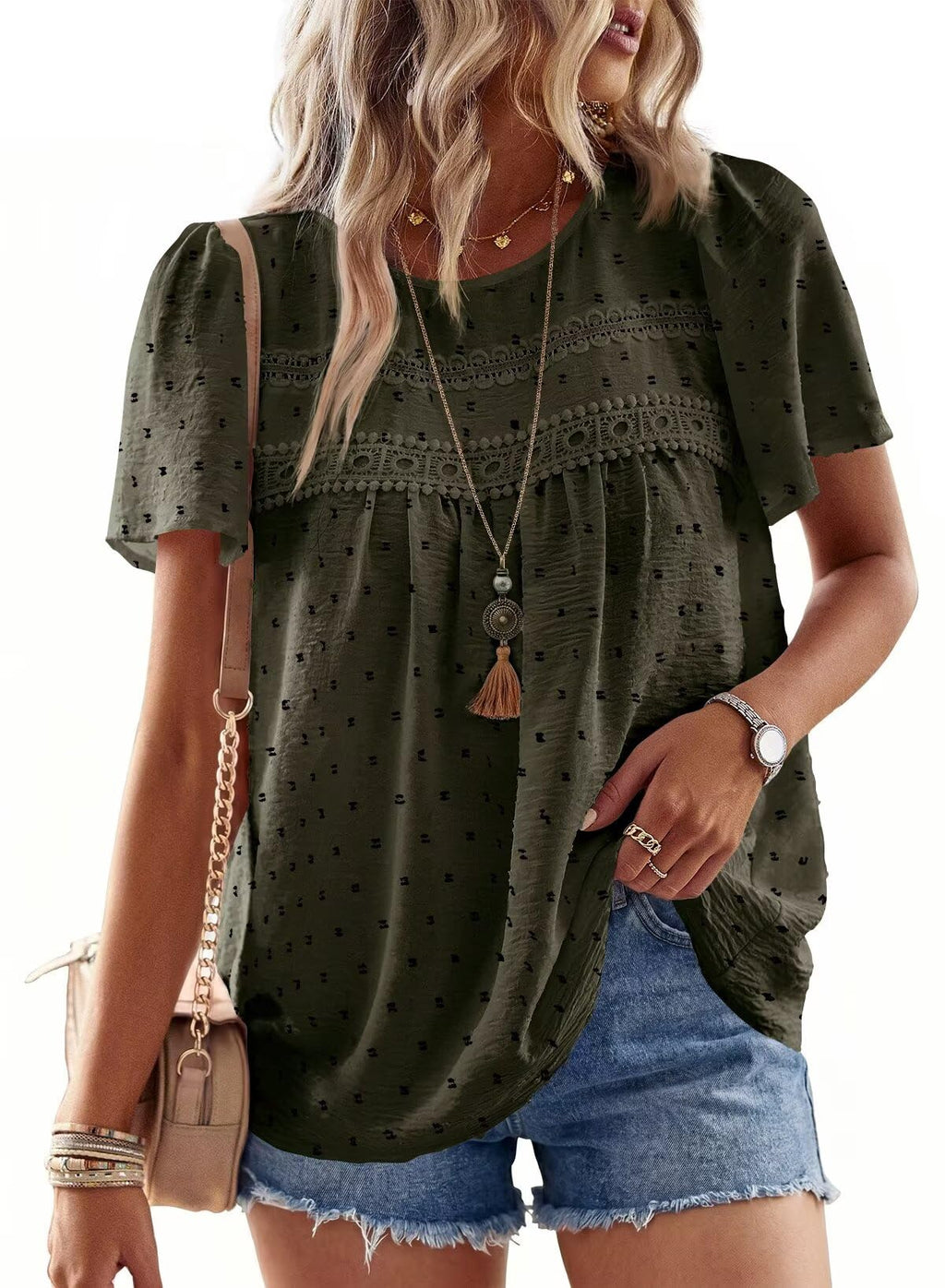 Falechay Womens Summer Tops Crewneck Short Sleeve Shirts Casual Chiffon Blouses Flowy Lace Hem Boho Clothing Trendy 2026