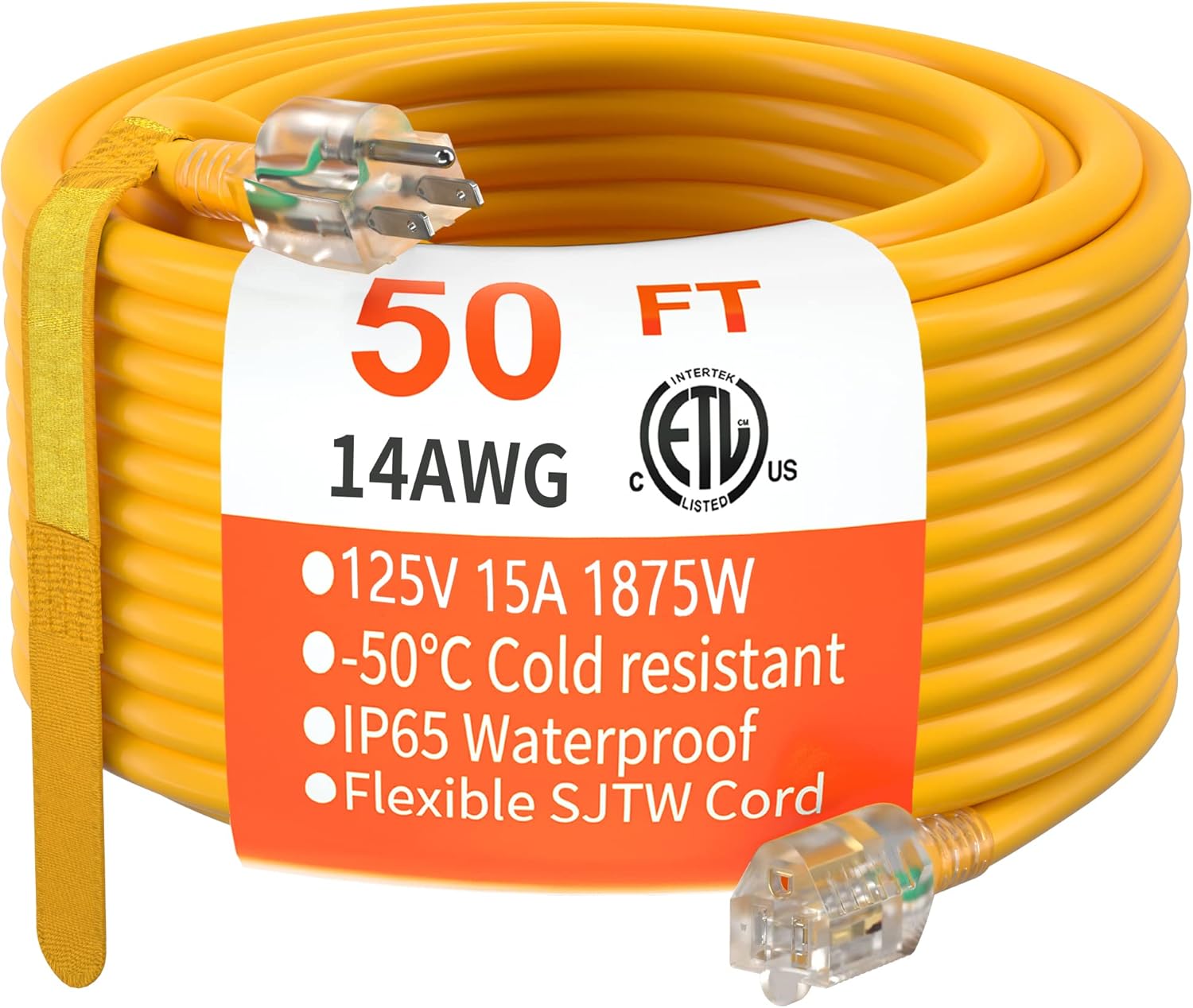 Rallonge électrique extérieure jaune HUANCHAIN 14AWG, prise 3 broches, 50 ft, 15A