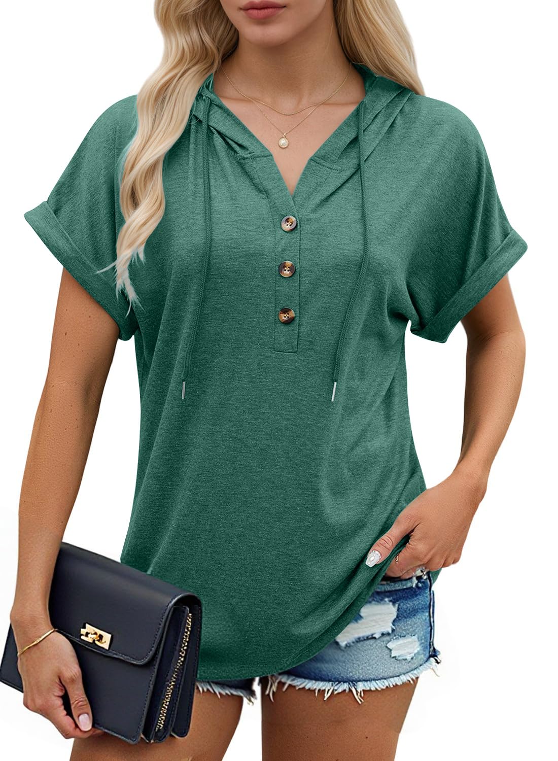 isermeo Womens Oversized Short Rolled Sleeve Summer Hoodie T Shirt 2024 Trendy Henley Button Tshirts S-XXL