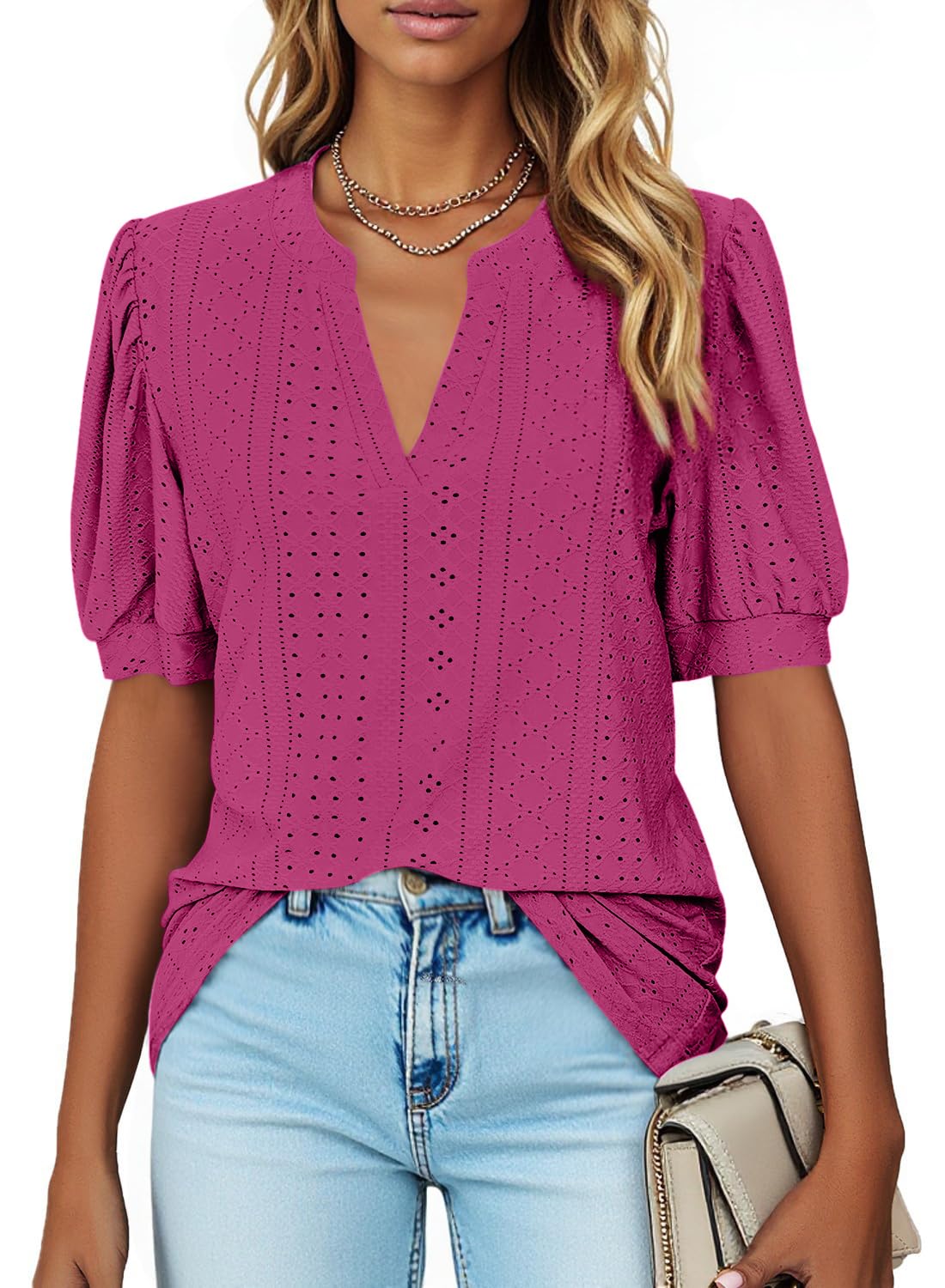 isermeo Womens Shirts Casual V Neck Tshirts Puff Short Sleeve Summer Tops Tunic Blouses S-XXL