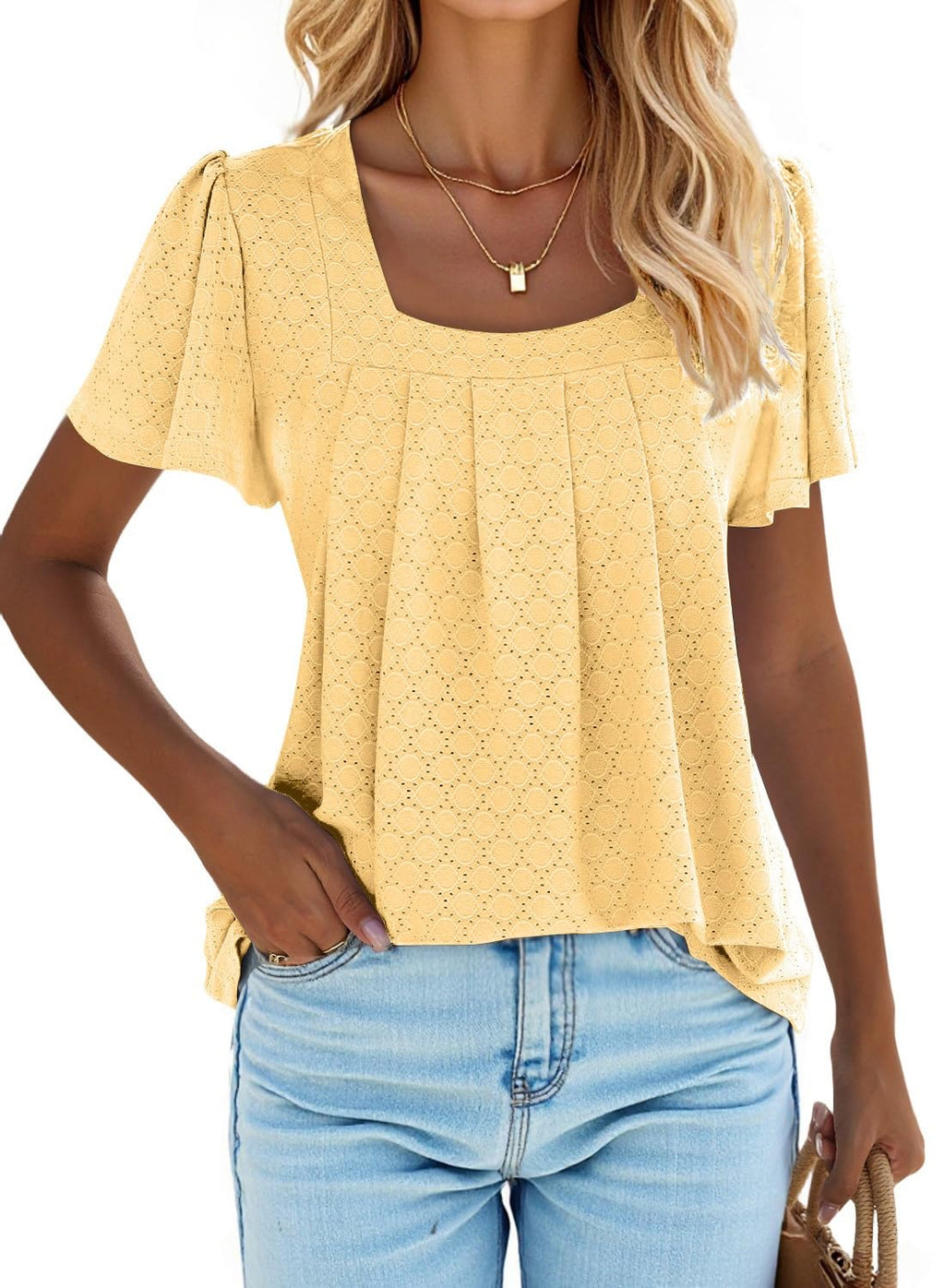 isermeo Summer Tops for Women Pleated Square Neck Ruffle Sleeve Shirts Casual Loose Flowy Curved Hem Tunic S-XXL