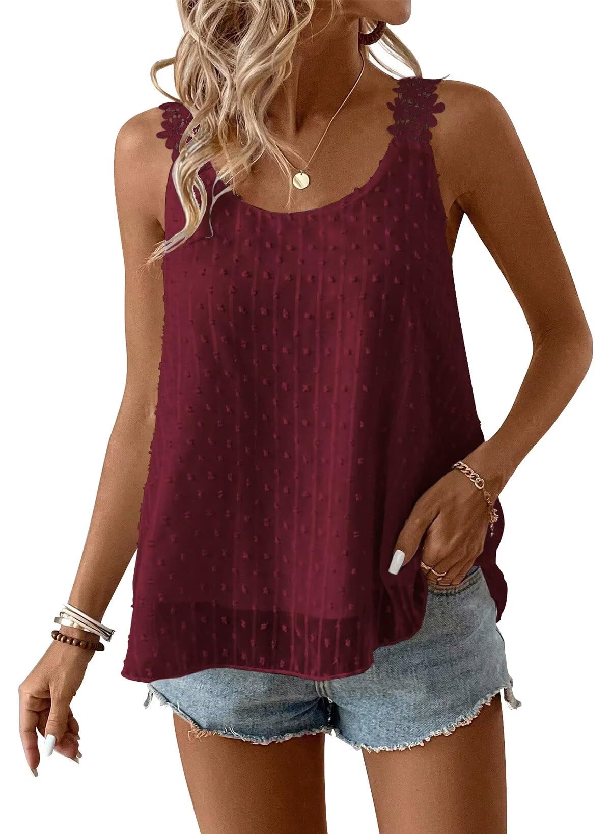 Falechay Womens Tank Tops Flowy Sleeveless Summer Boho Tank Top for Women Crewneck Spaghetti Strap Lace Camisole Shirts